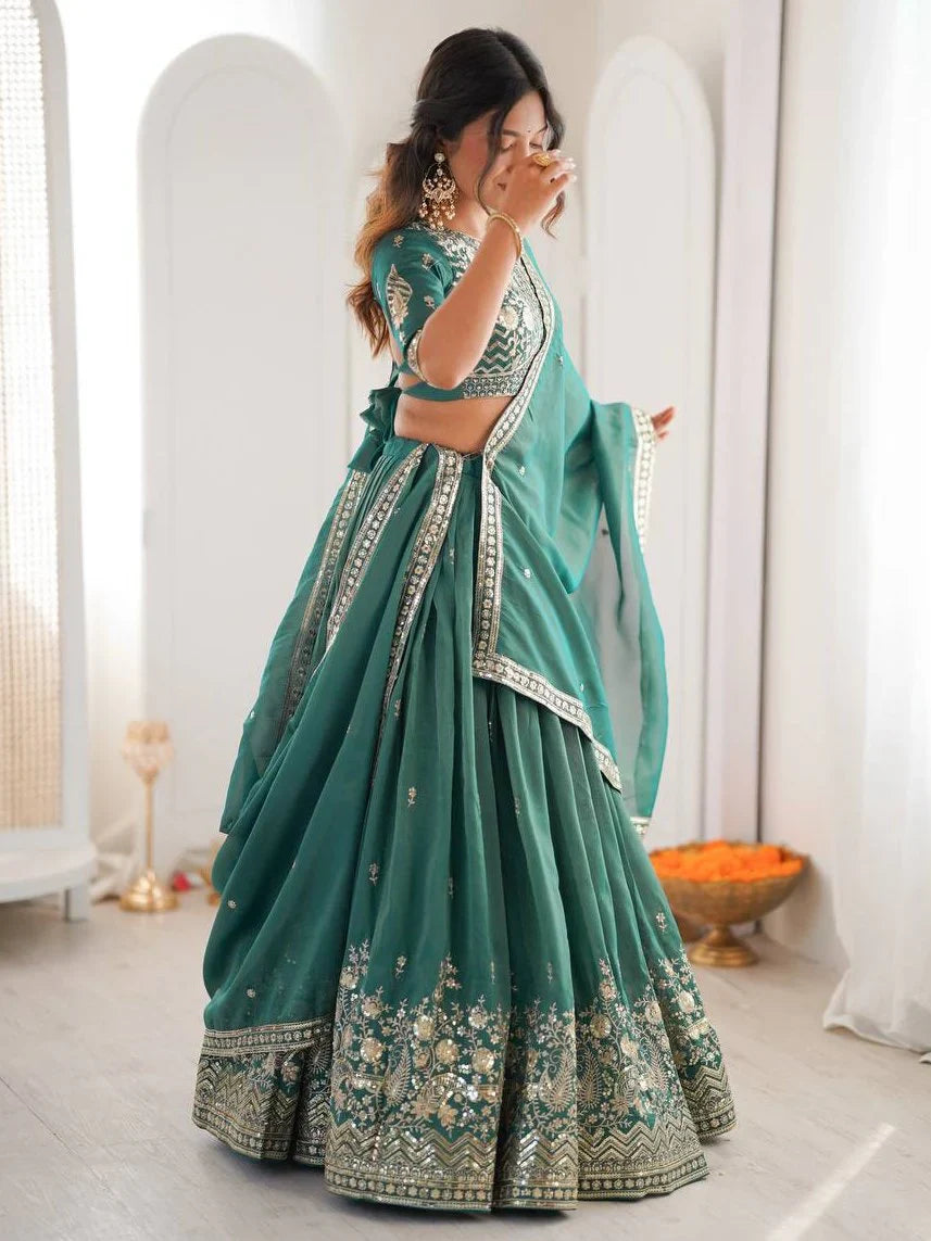 Sea Green Mesmerizing Thread Work Silk Wedding Lehenga Choli With Dupatta