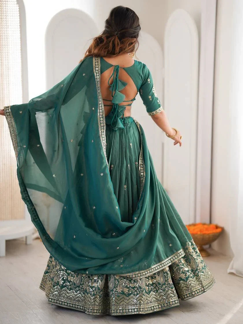 Sea Green Mesmerizing Thread Work Silk Wedding Lehenga Choli With Dupatta