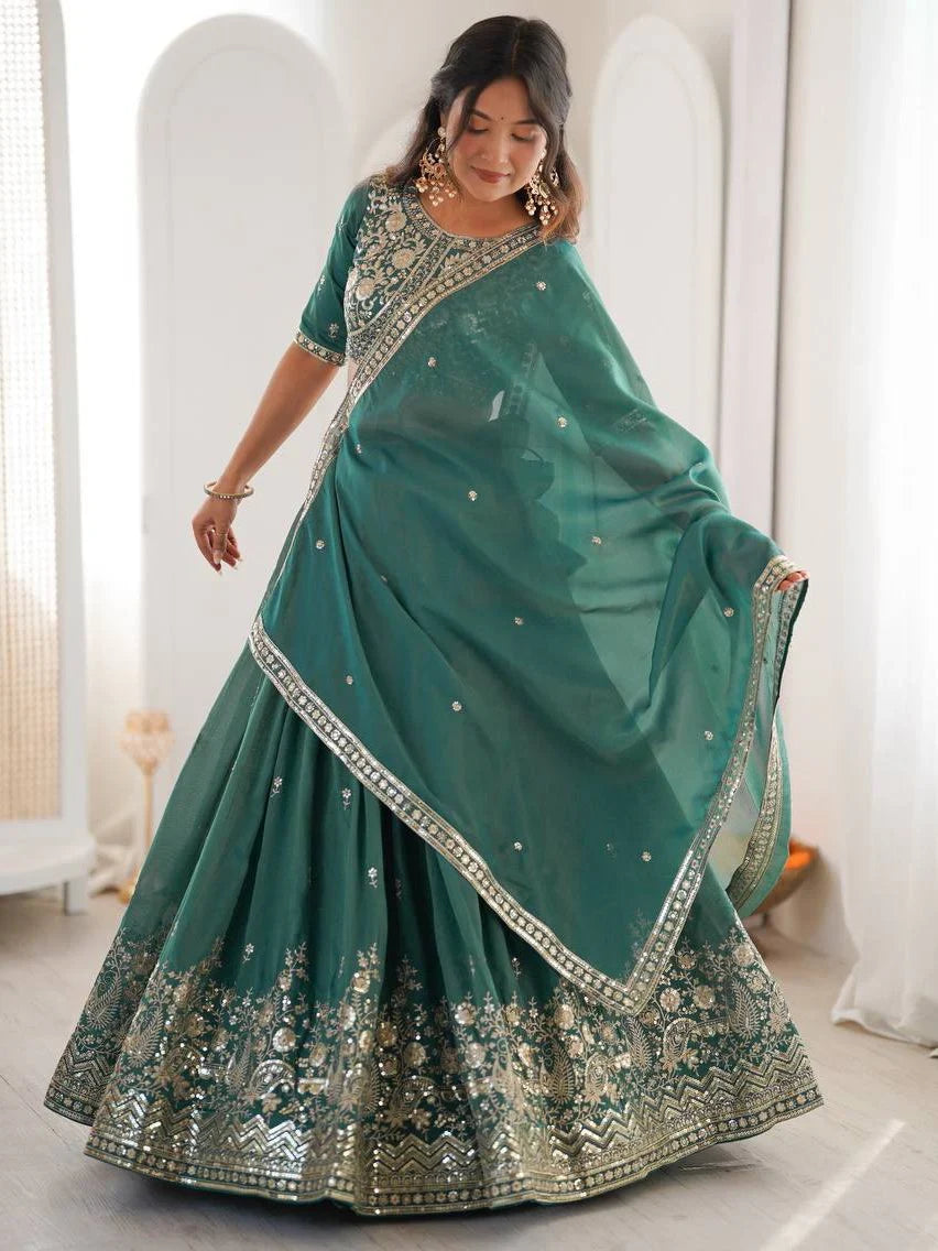 Sea Green Mesmerizing Thread Work Silk Wedding Lehenga Choli With Dupatta