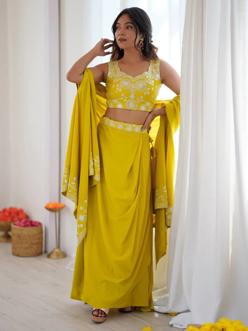 Yellow Beautiful Crepe Designer Lehenga Choli With Sequins Shrug