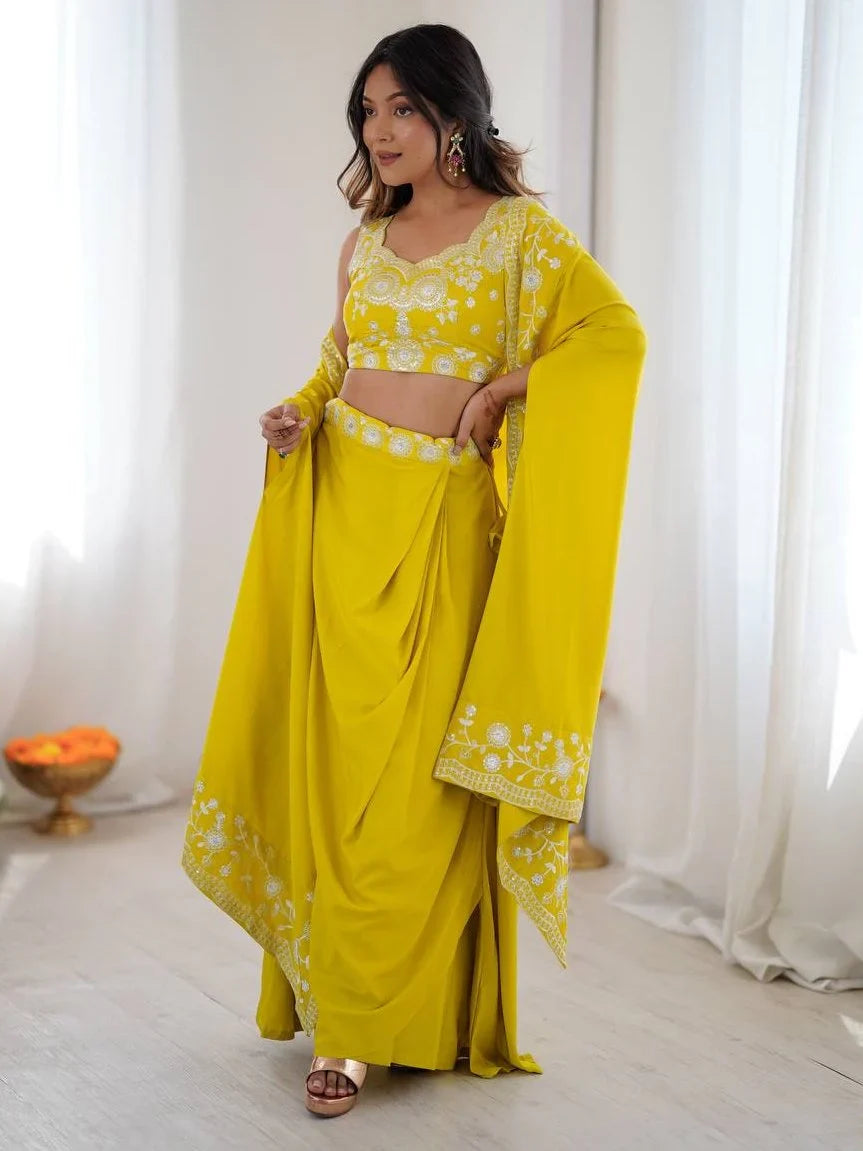 Yellow Beautiful Crepe Designer Lehenga Choli With Sequins Shrug