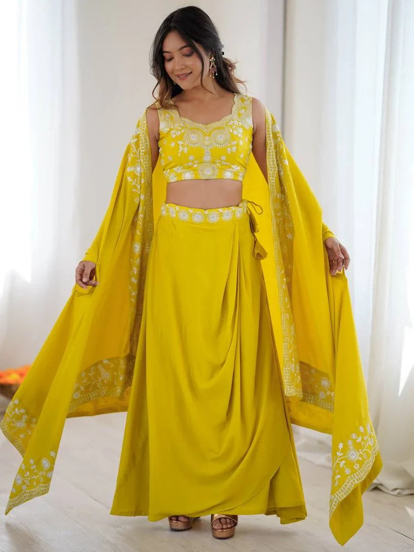 Yellow Beautiful Crepe Designer Lehenga Choli With Sequins Shrug
