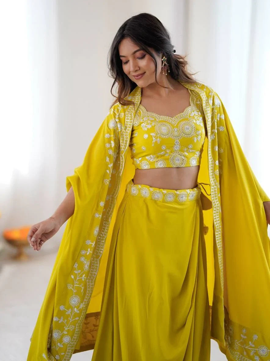 Yellow Beautiful Crepe Designer Lehenga Choli With Sequins Shrug