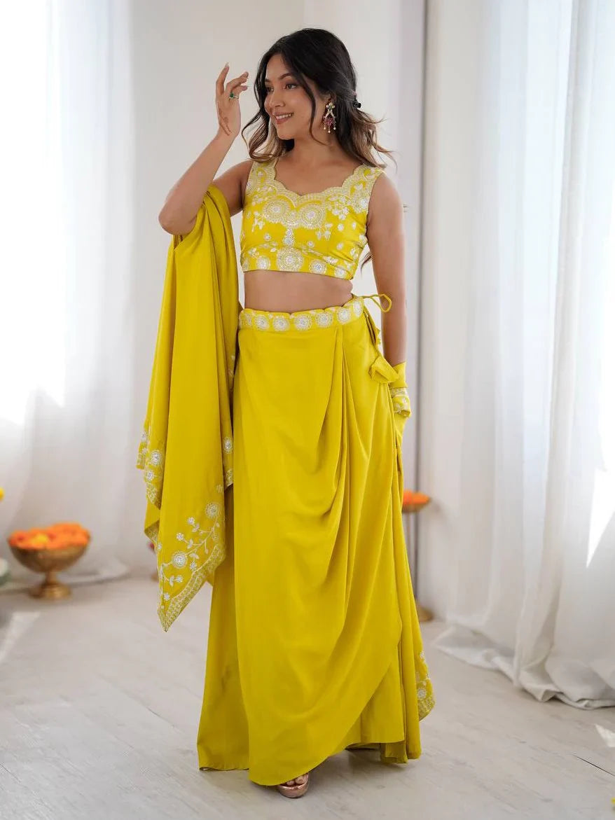 Yellow Beautiful Crepe Designer Lehenga Choli With Sequins Shrug