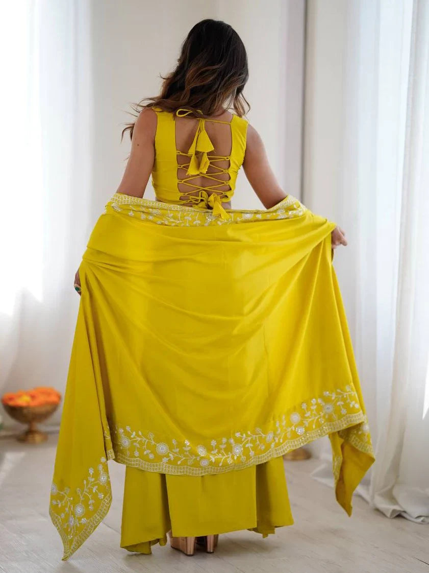 Yellow Beautiful Crepe Designer Lehenga Choli With Sequins Shrug