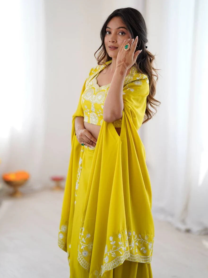 Yellow Beautiful Crepe Designer Lehenga Choli With Sequins Shrug