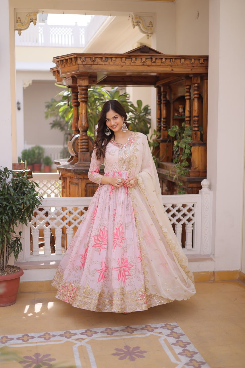 Pink Digital Printed Russian Silk Gown with Dupatta