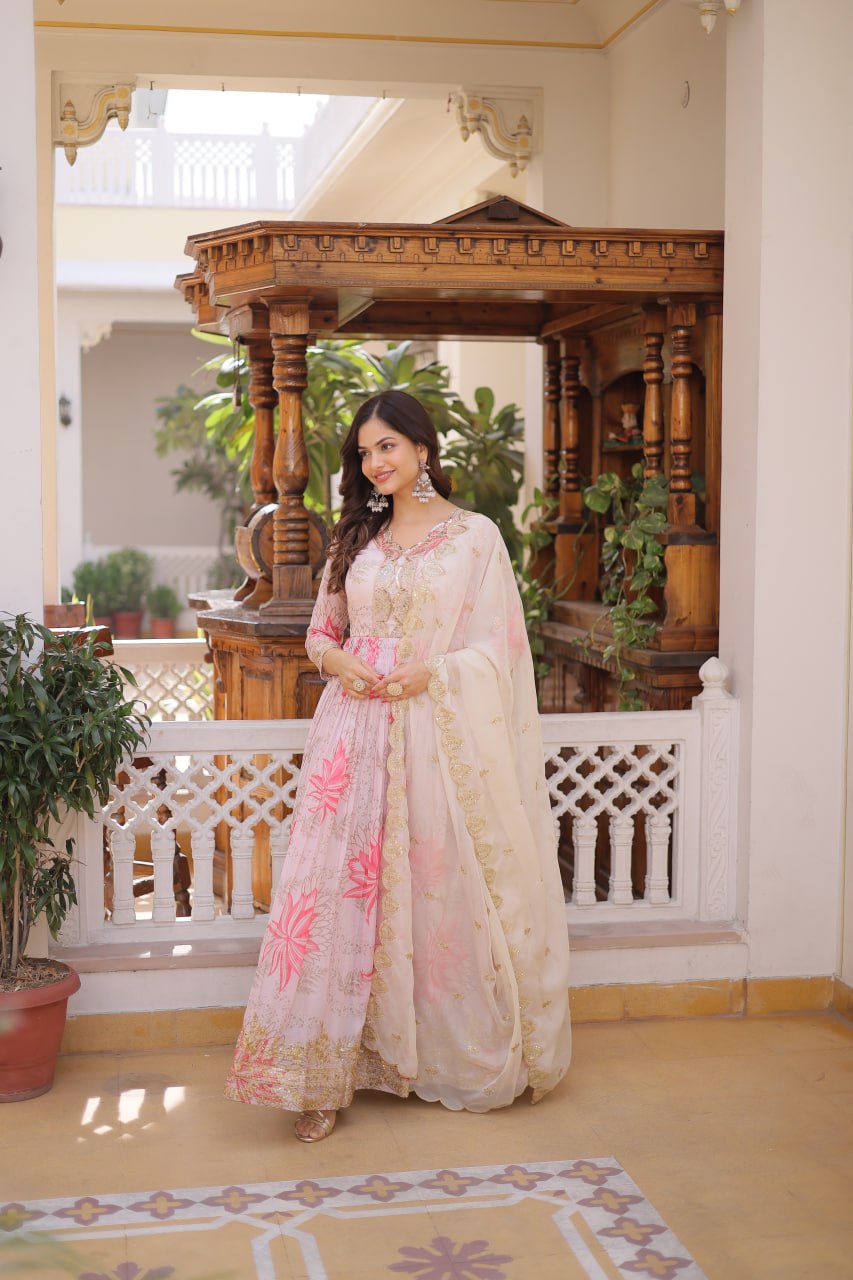 Pink Digital Printed Russian Silk Gown with Dupatta