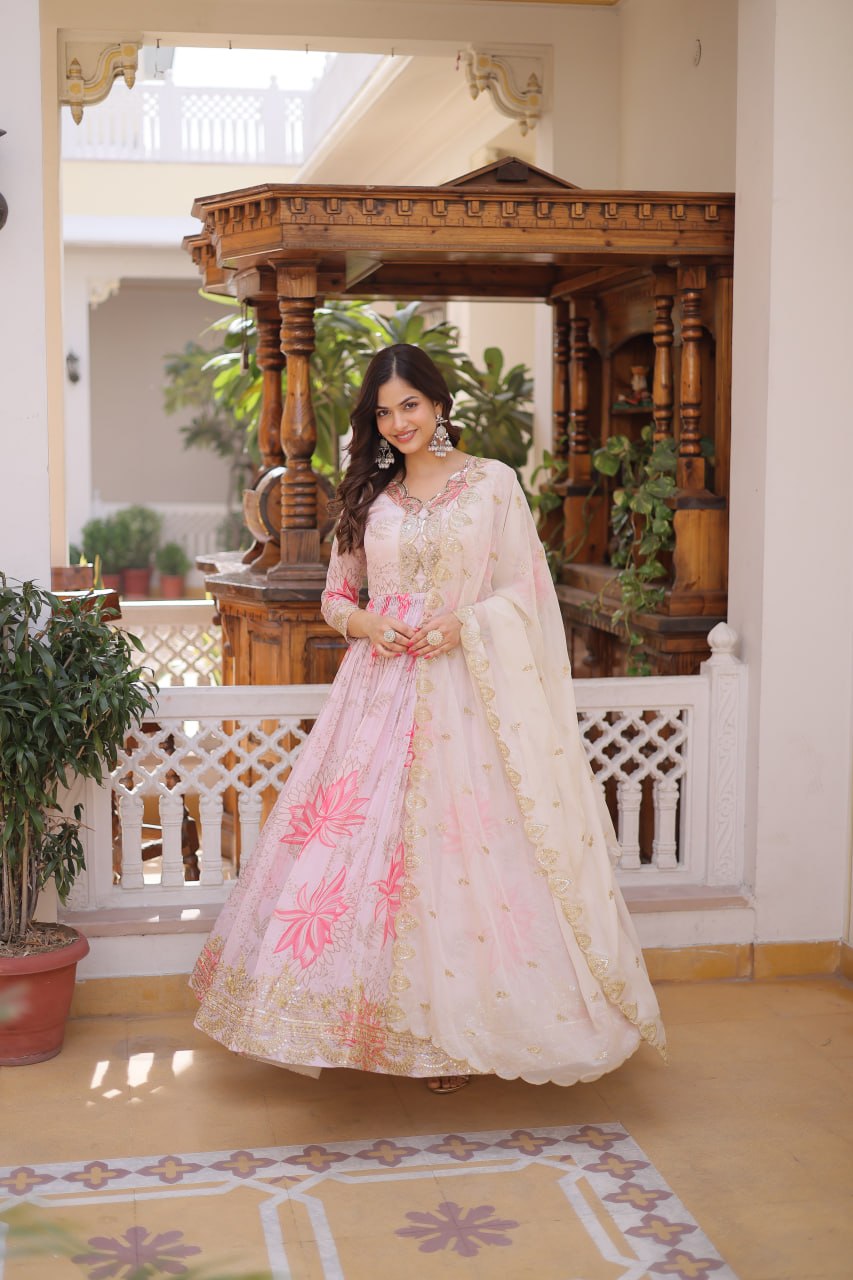Pink Digital Printed Russian Silk Gown with Dupatta