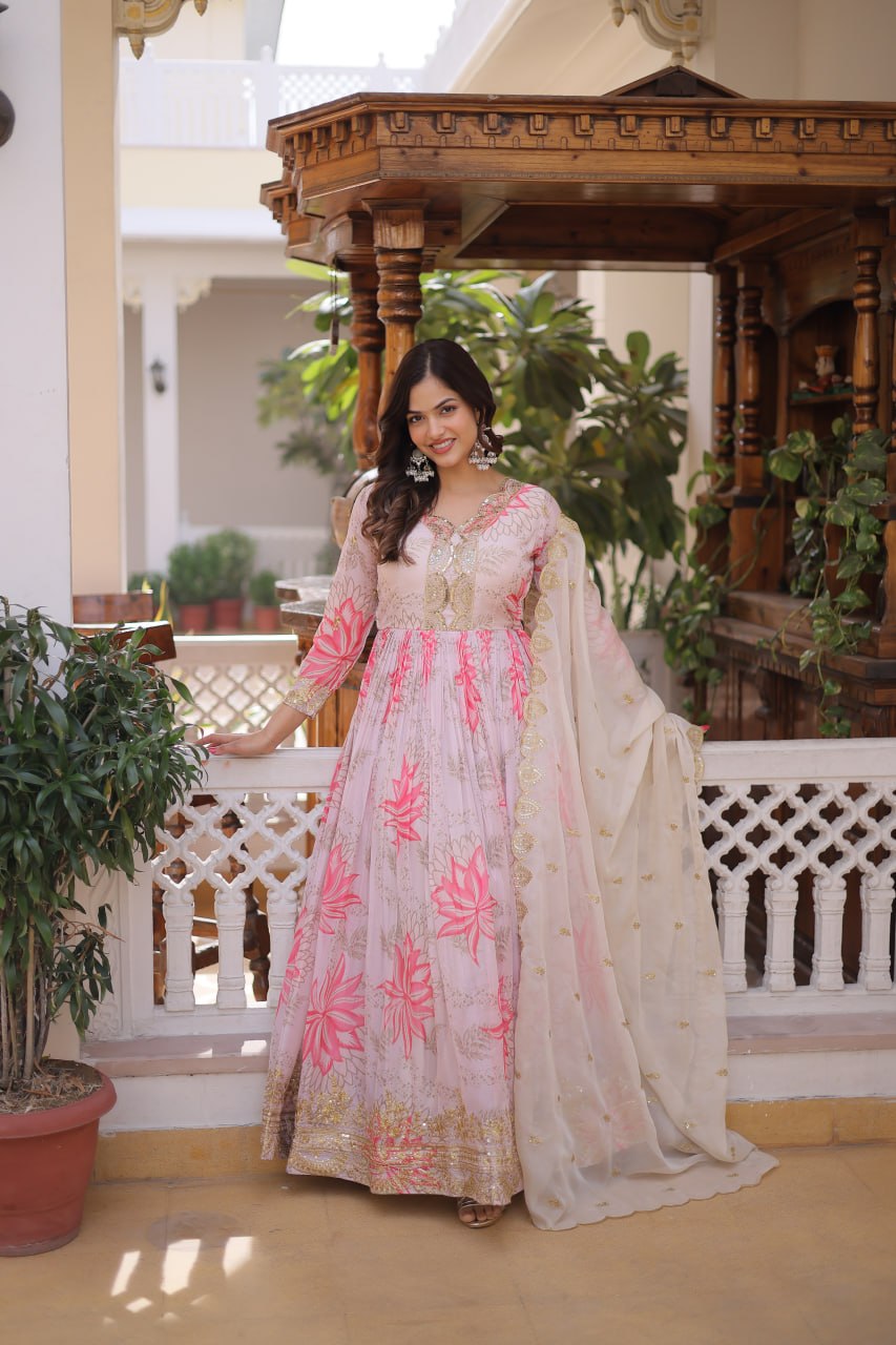 Pink Digital Printed Russian Silk Gown with Dupatta