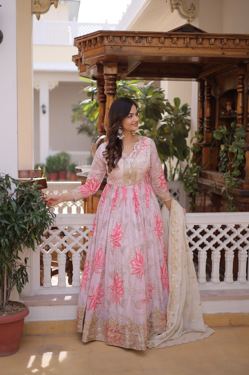 Pink Digital Printed Russian Silk Gown with Dupatta