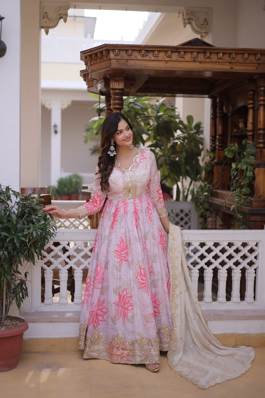 Pink Digital Printed Russian Silk Gown with Dupatta