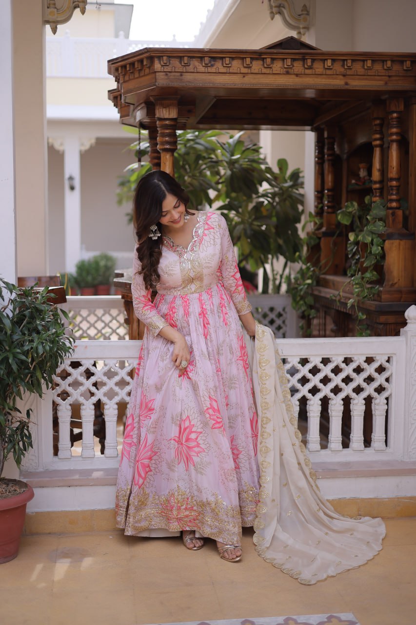 Pink Digital Printed Russian Silk Gown with Dupatta