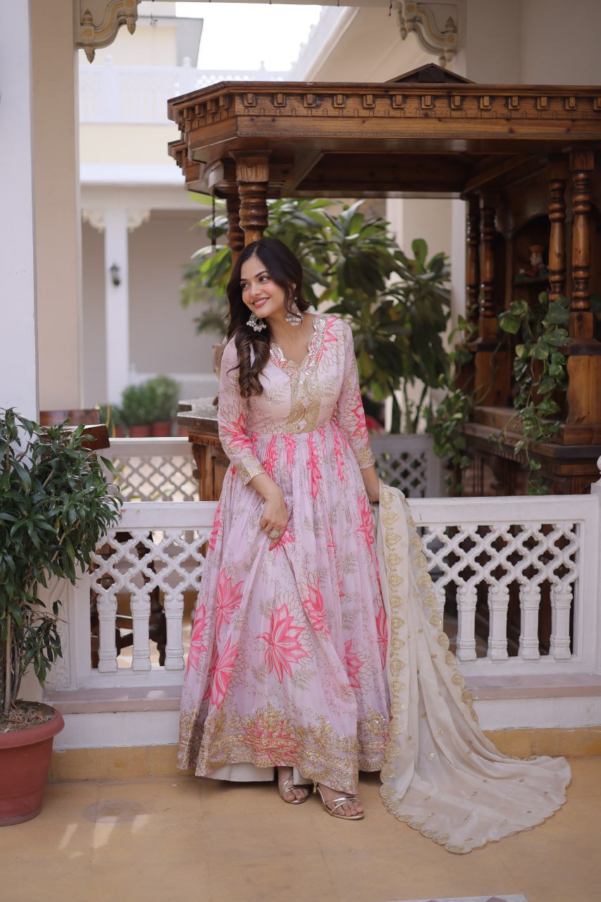 Pink Digital Printed Russian Silk Gown with Dupatta