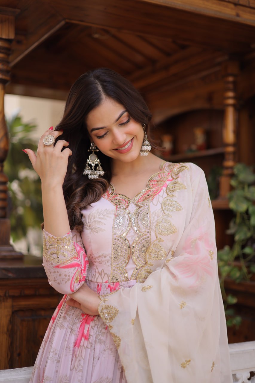 Pink Digital Printed Russian Silk Gown with Dupatta