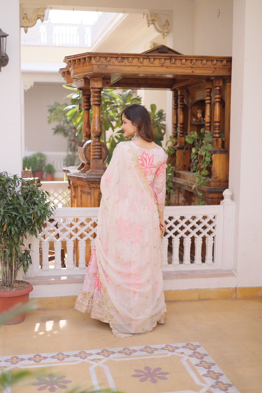 Pink Digital Printed Russian Silk Gown with Dupatta