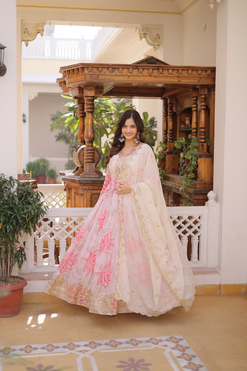 Pink Digital Printed Russian Silk Gown with Dupatta