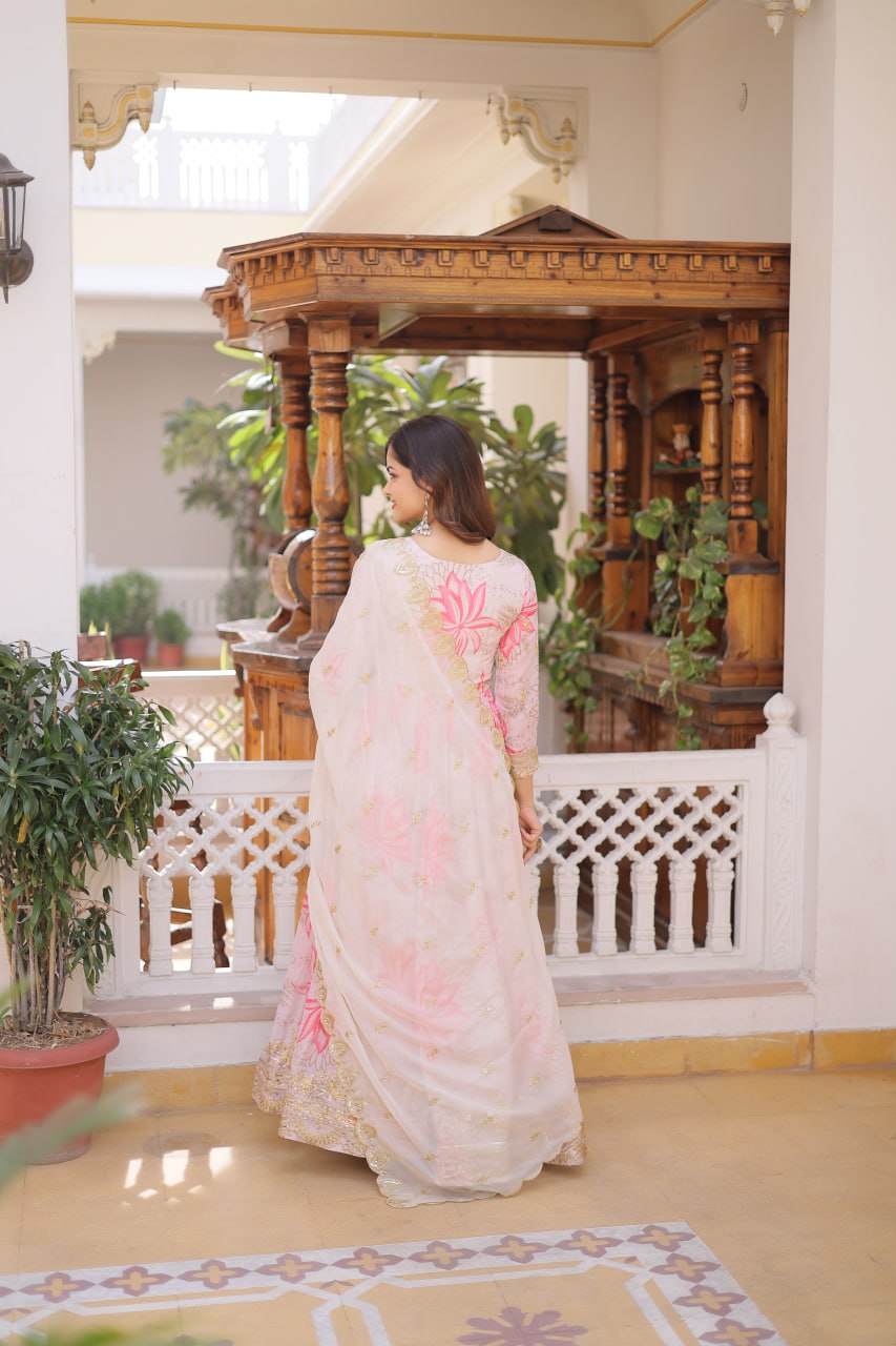 Pink Digital Printed Russian Silk Gown with Dupatta