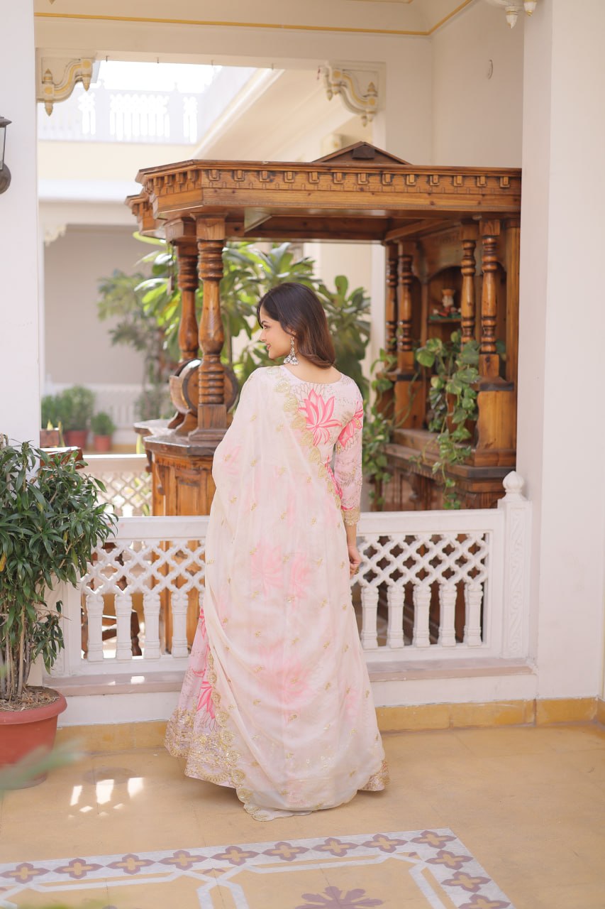 Pink Digital Printed Russian Silk Gown with Dupatta