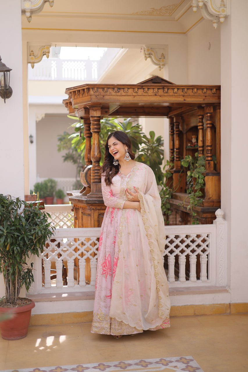 Pink Digital Printed Russian Silk Gown with Dupatta
