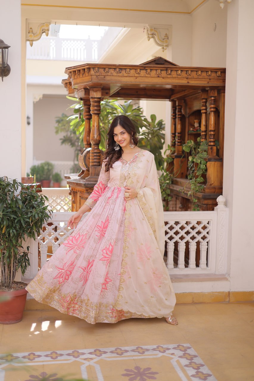 Pink Digital Printed Russian Silk Gown with Dupatta