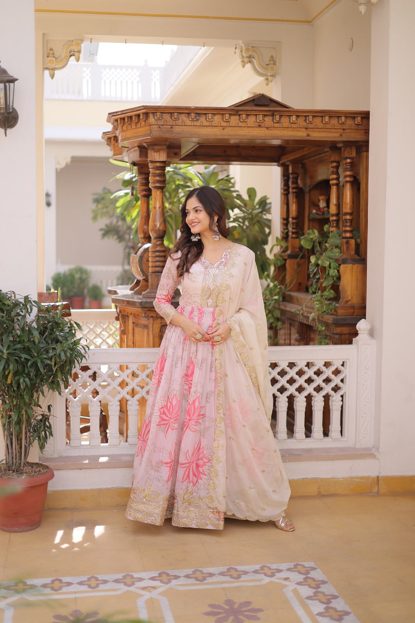 Pink Digital Printed Russian Silk Gown with Dupatta