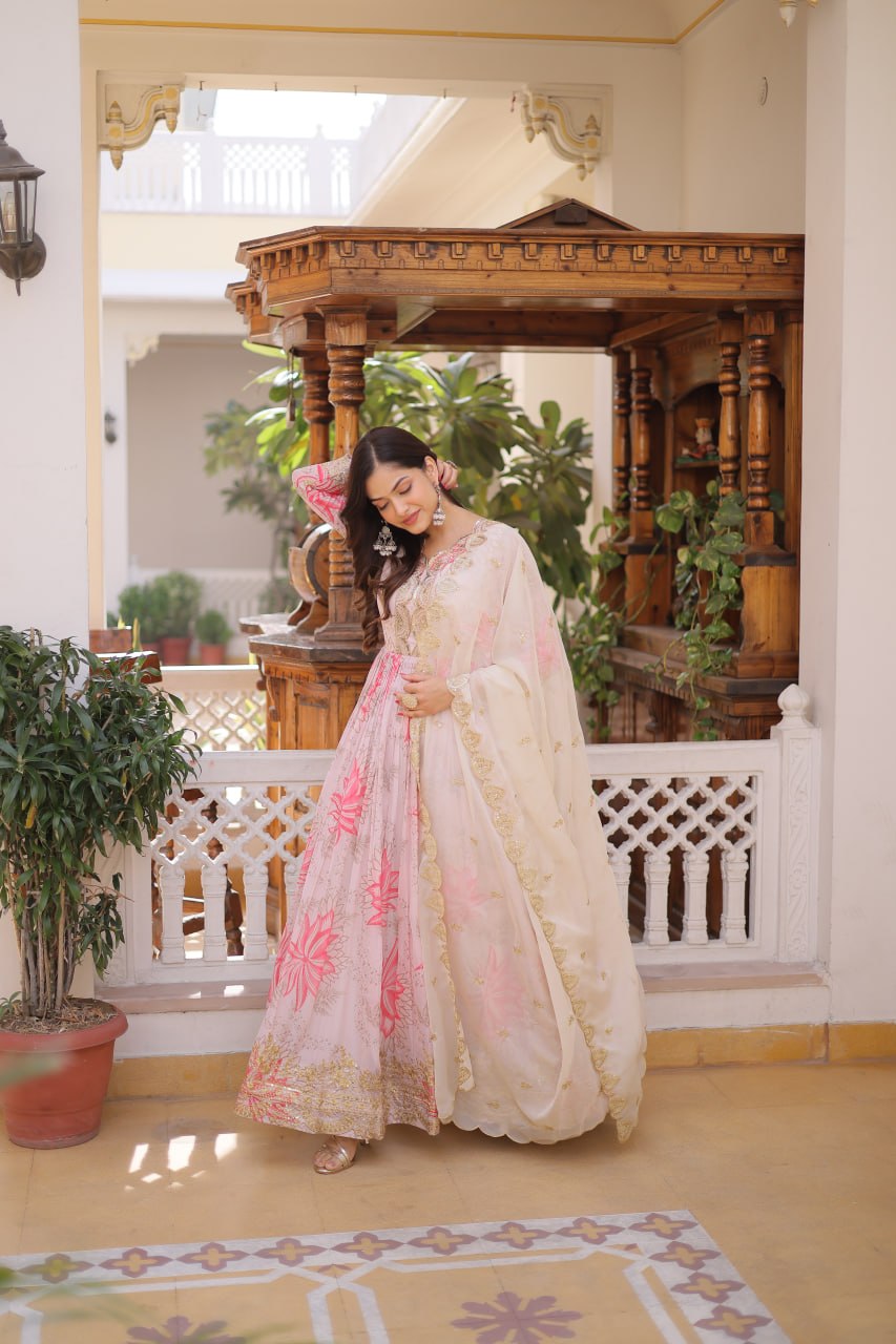 Pink Digital Printed Russian Silk Gown with Dupatta