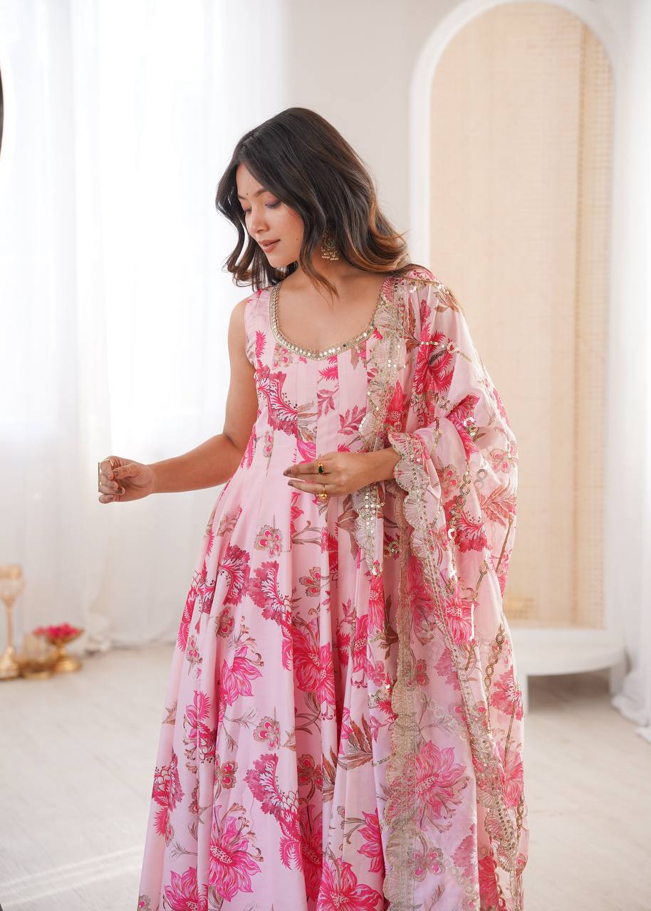 Pink Pure Muslin Salwar Kameez with Floral Print and Organza Dupatta for Festivals
