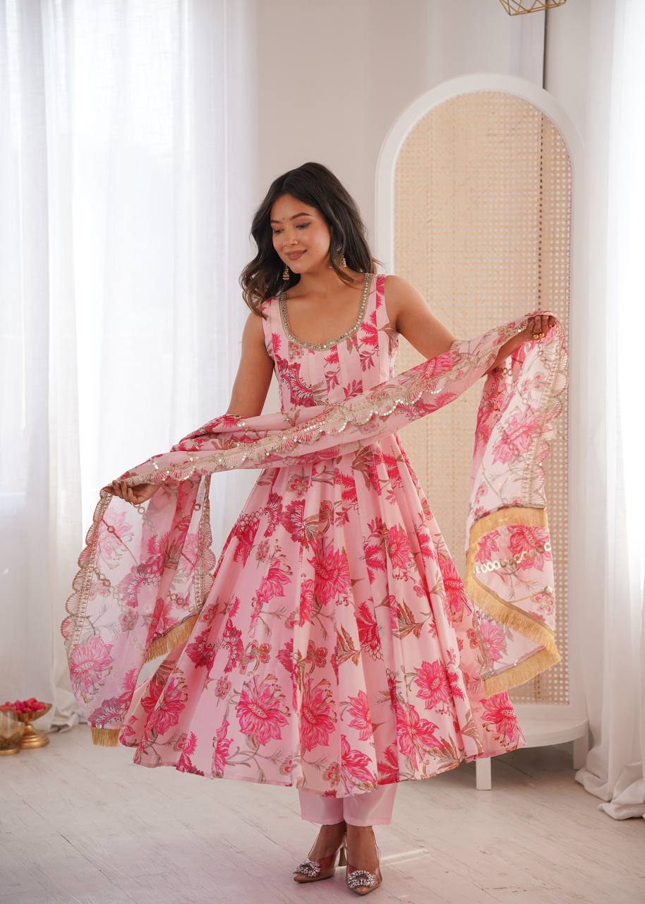Pink Pure Muslin Salwar Kameez with Floral Print and Organza Dupatta for Festivals
