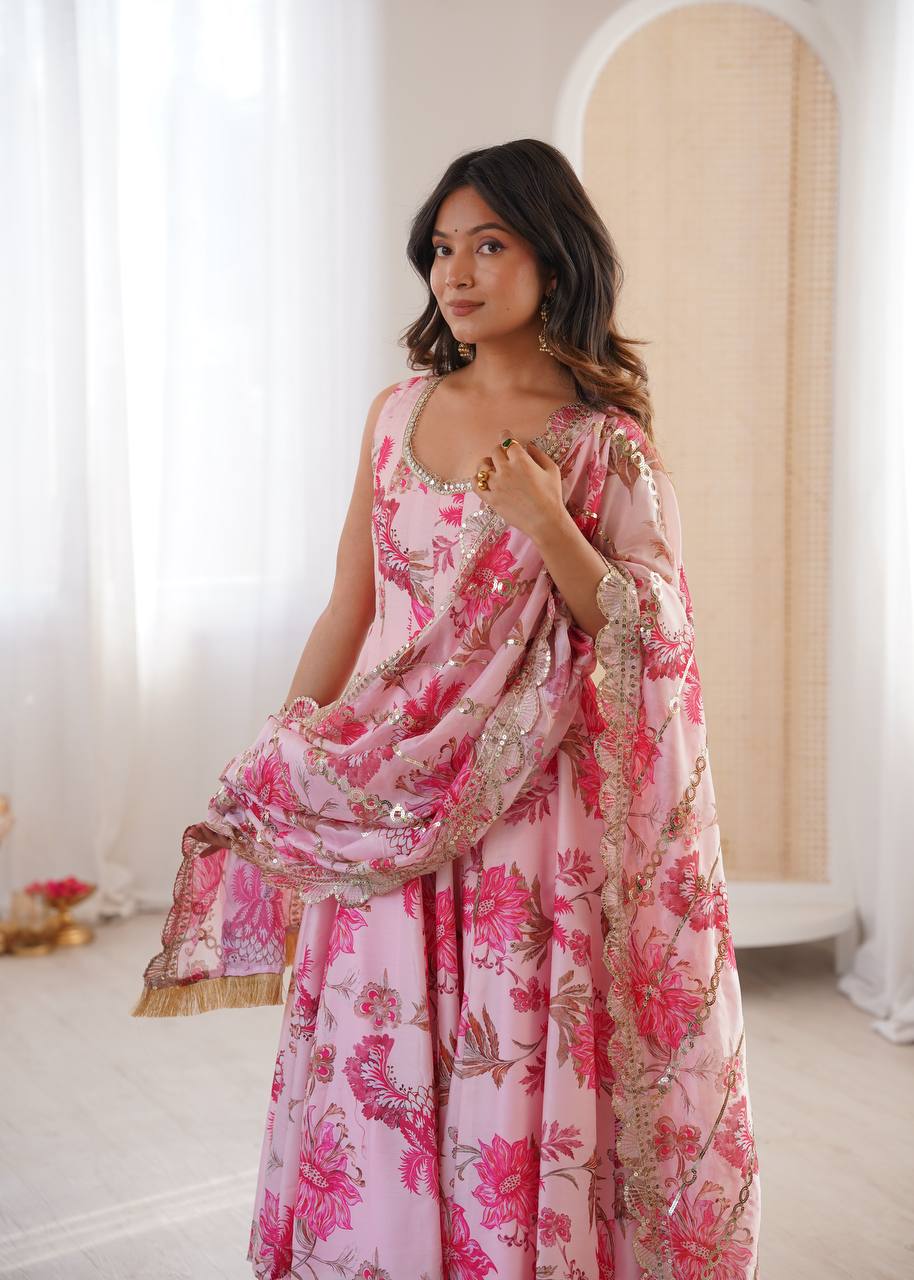 Pink Pure Muslin Salwar Kameez with Floral Print and Organza Dupatta for Festivals