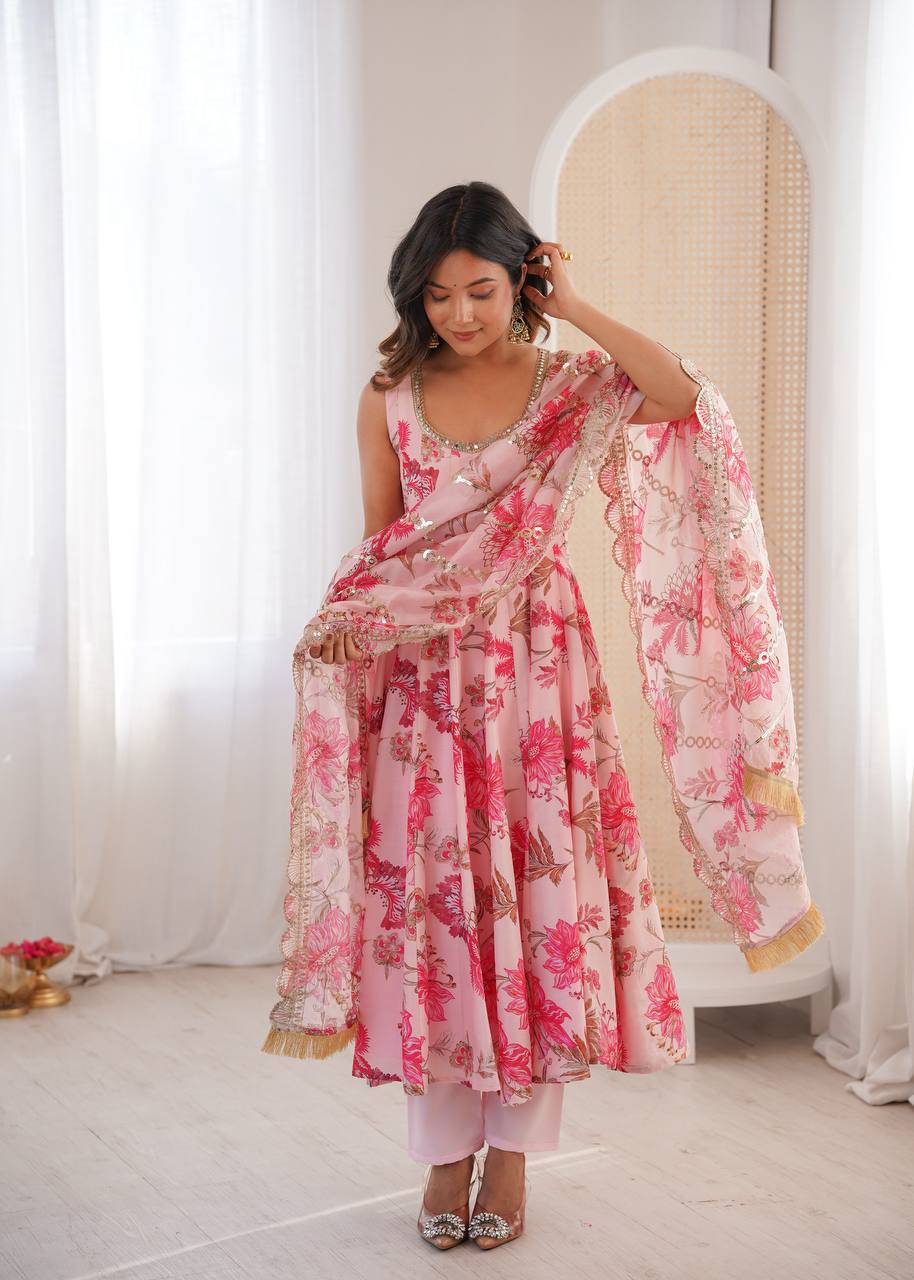 Pink Pure Muslin Salwar Kameez with Floral Print and Organza Dupatta for Festivals