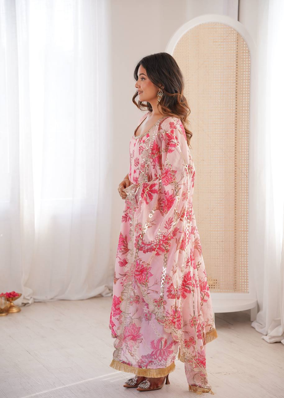 Pink Pure Muslin Salwar Kameez with Floral Print and Organza Dupatta for Festivals