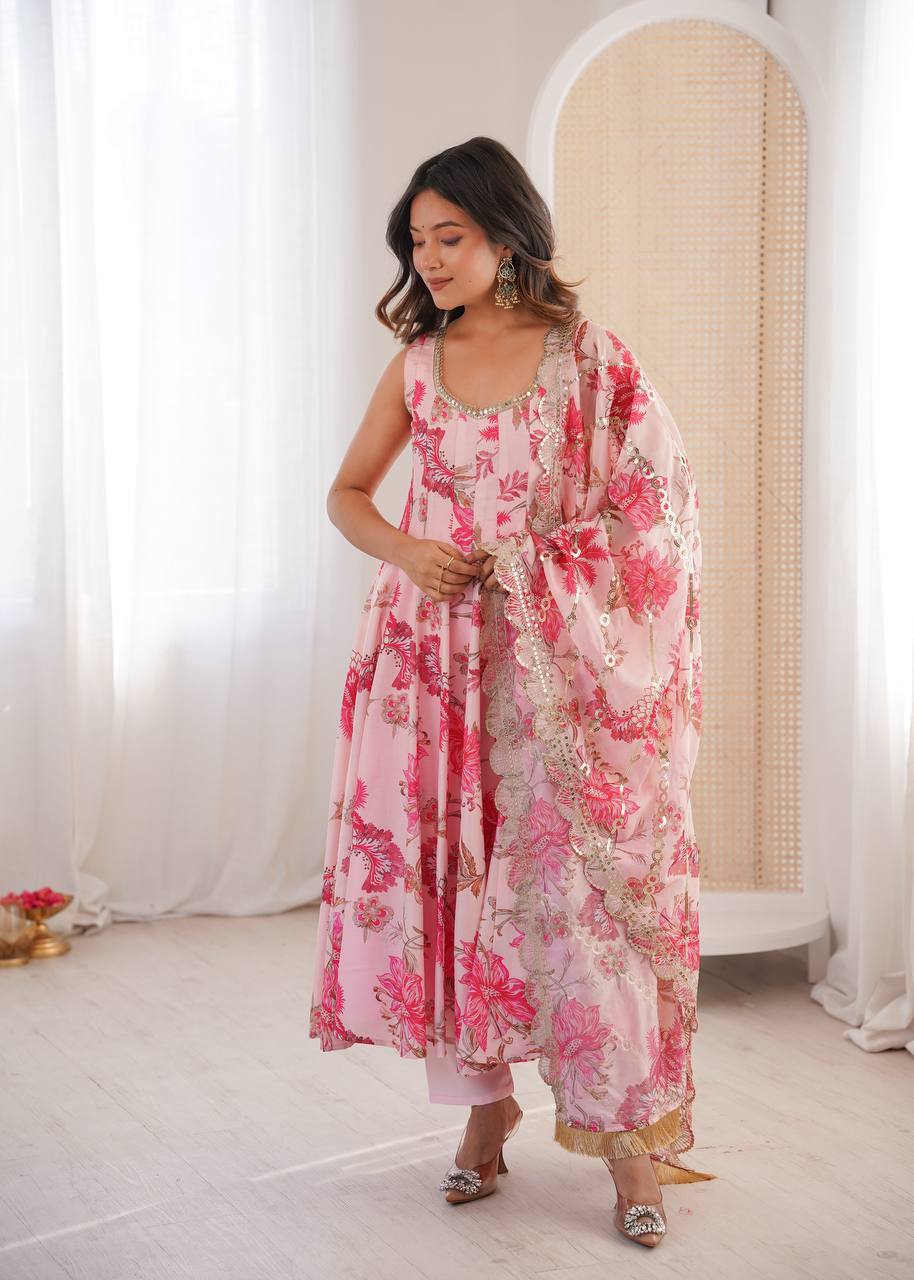 Pink Pure Muslin Salwar Kameez with Floral Print and Organza Dupatta for Festivals