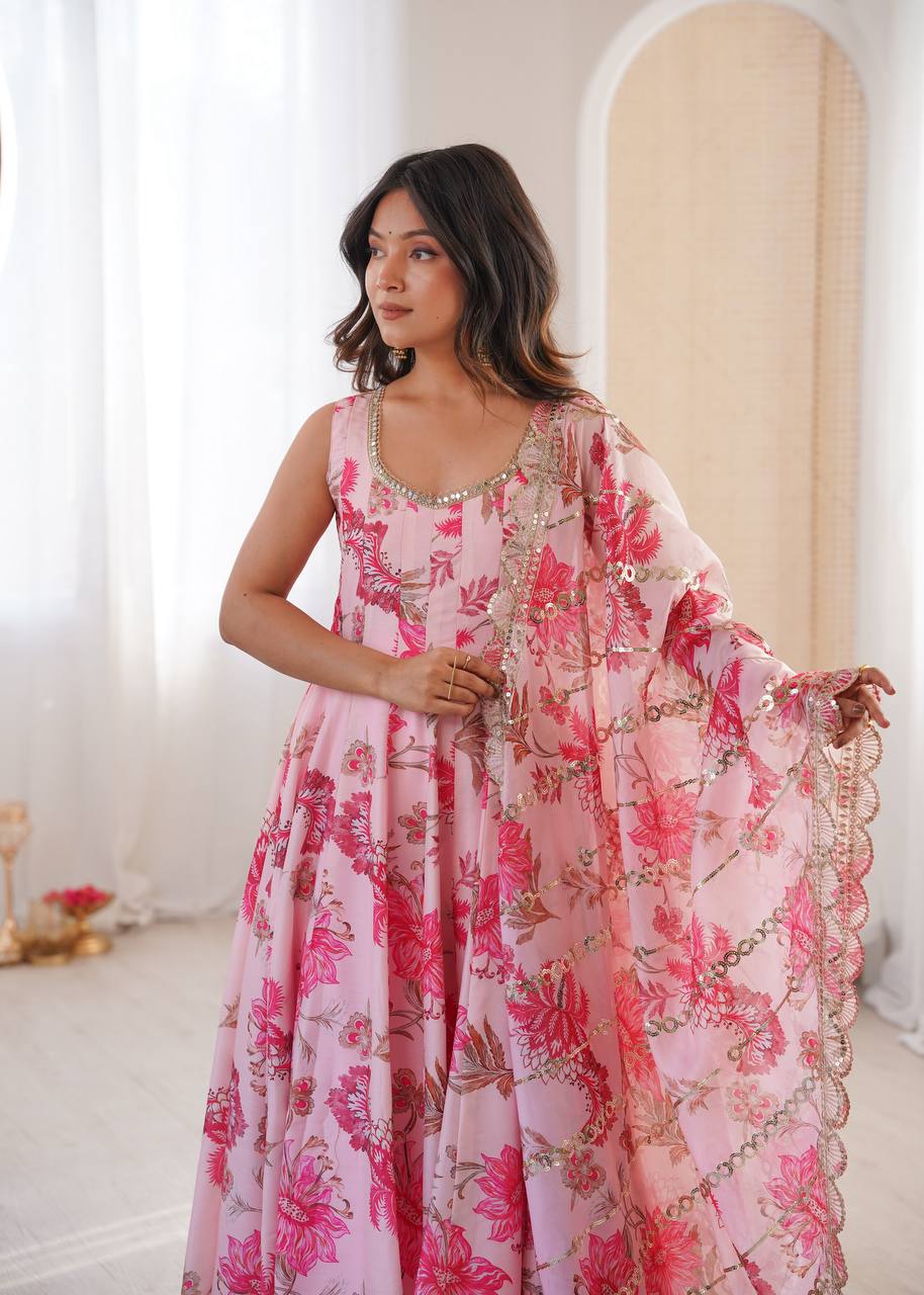 Pink Pure Muslin Salwar Kameez with Floral Print and Organza Dupatta for Festivals