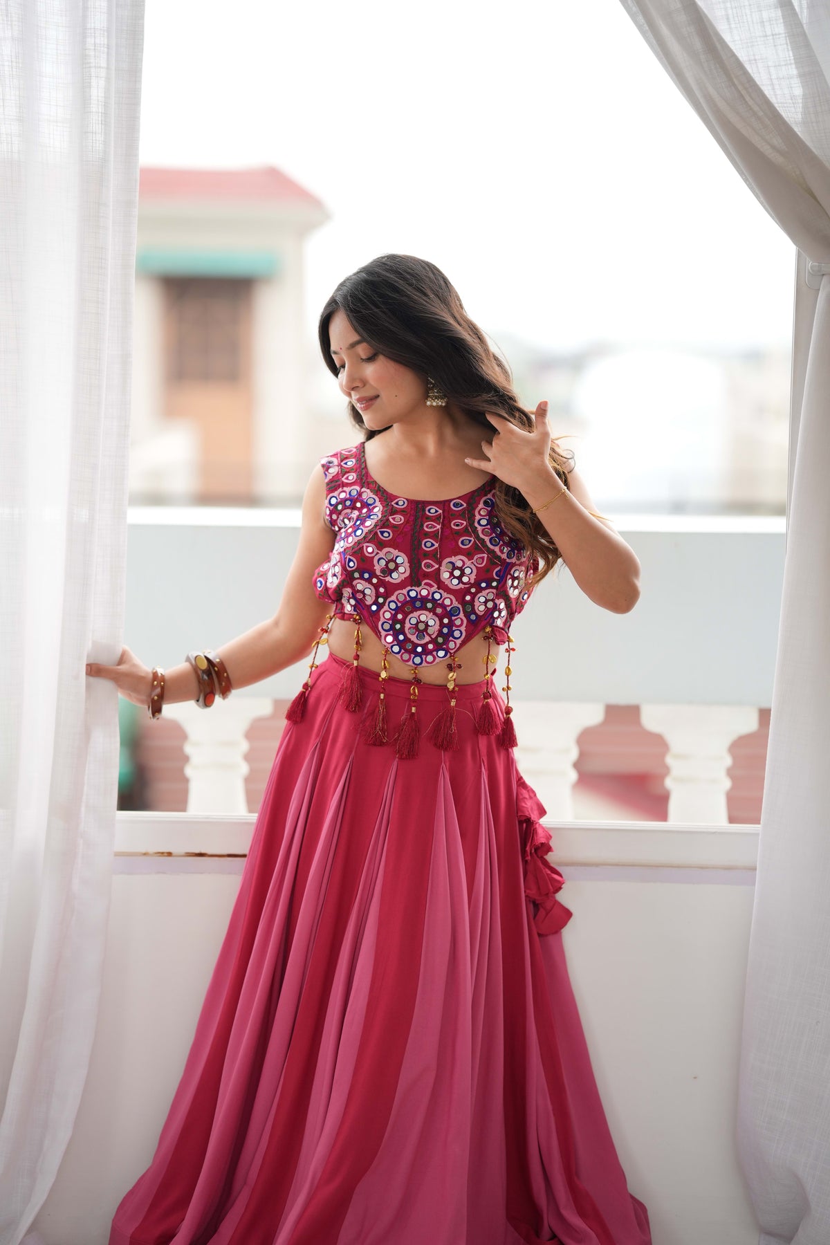 Pink Reyon Lehenga Choli with Heavy Thread Work Blouse