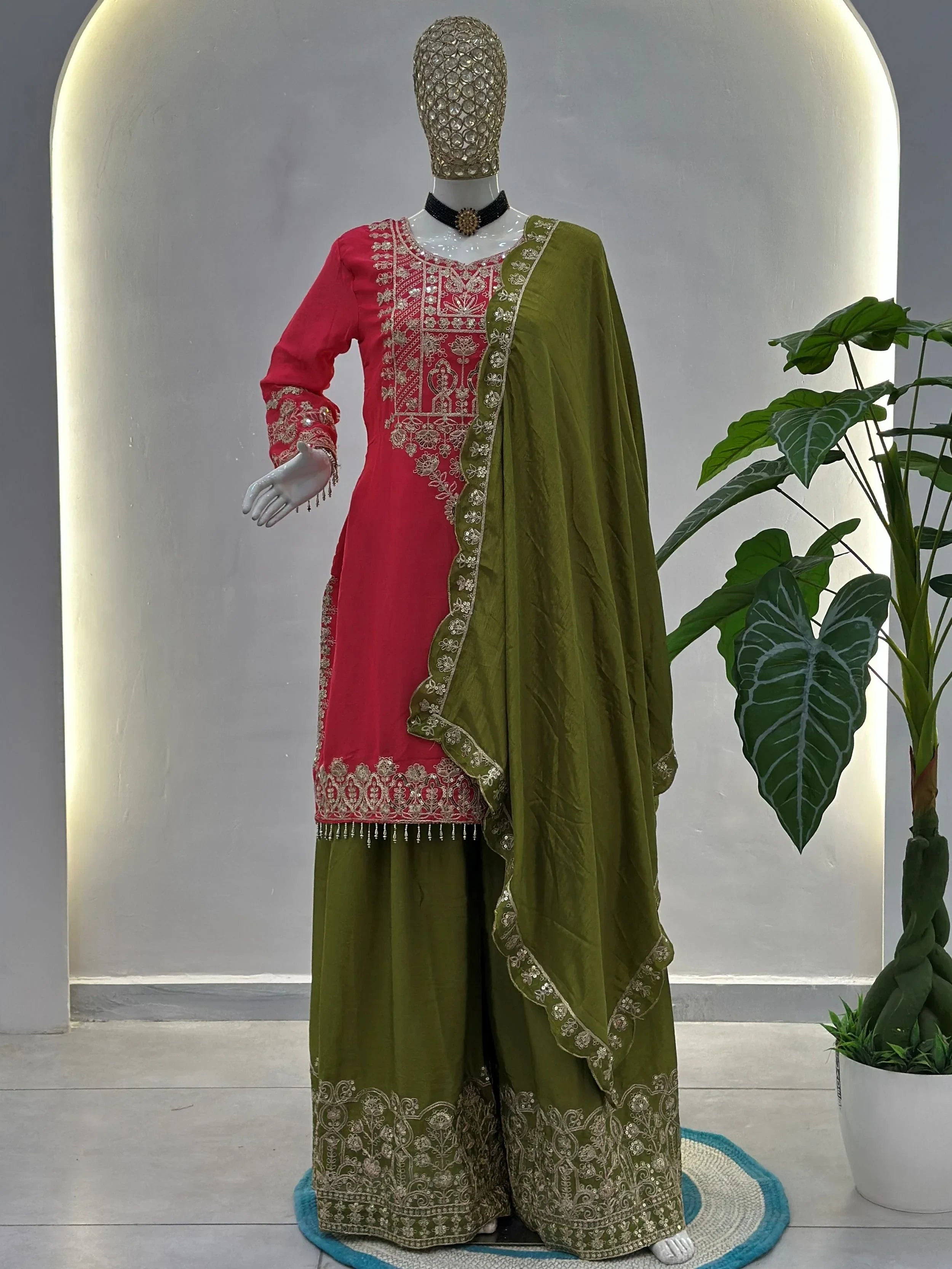 Pink Fabulous Embroidered Chinon Festival Wear Palazzo Suit