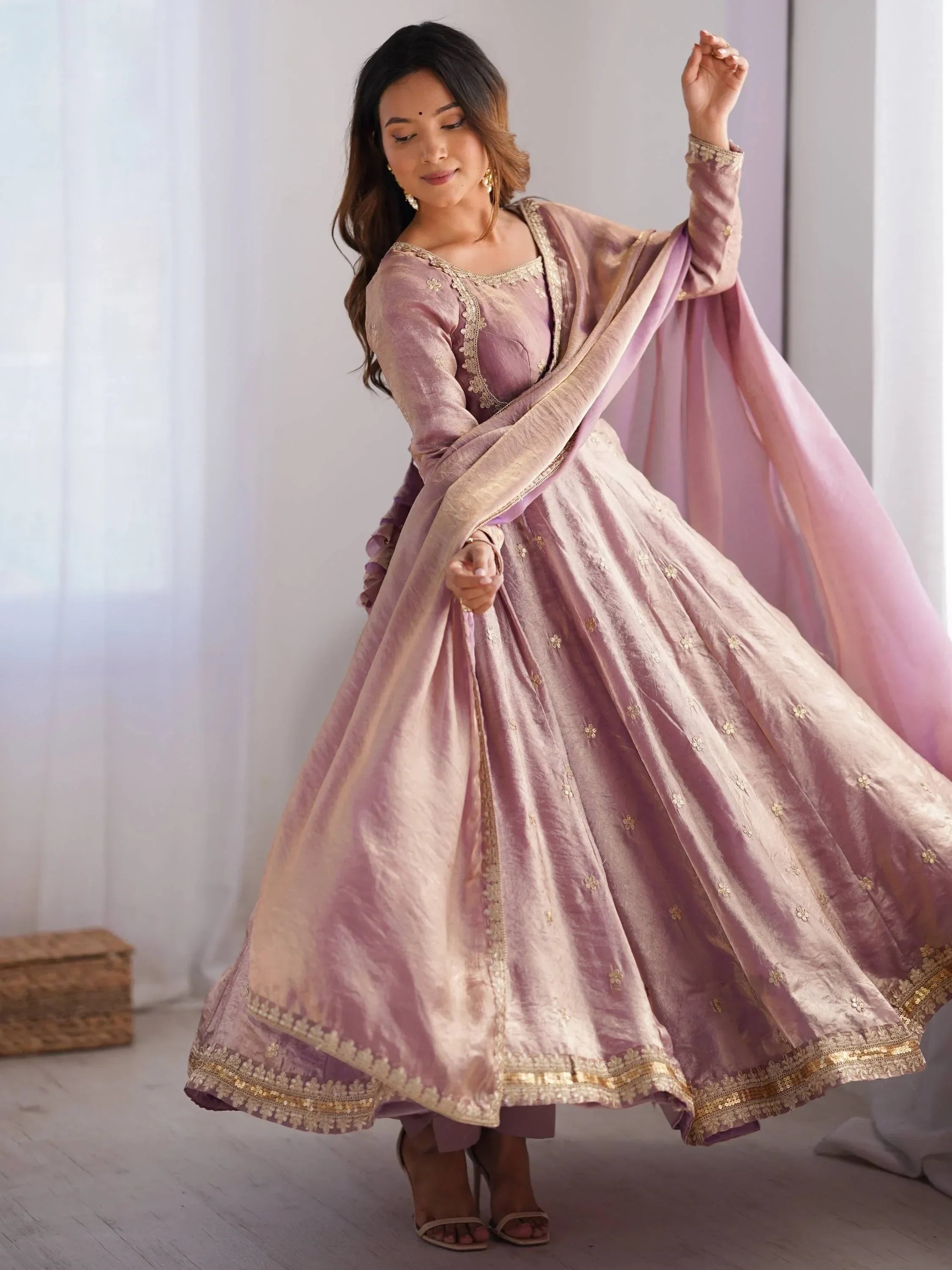 Pink Dazzling Coding Work Silk Festive Wear Gown With Dupatta
