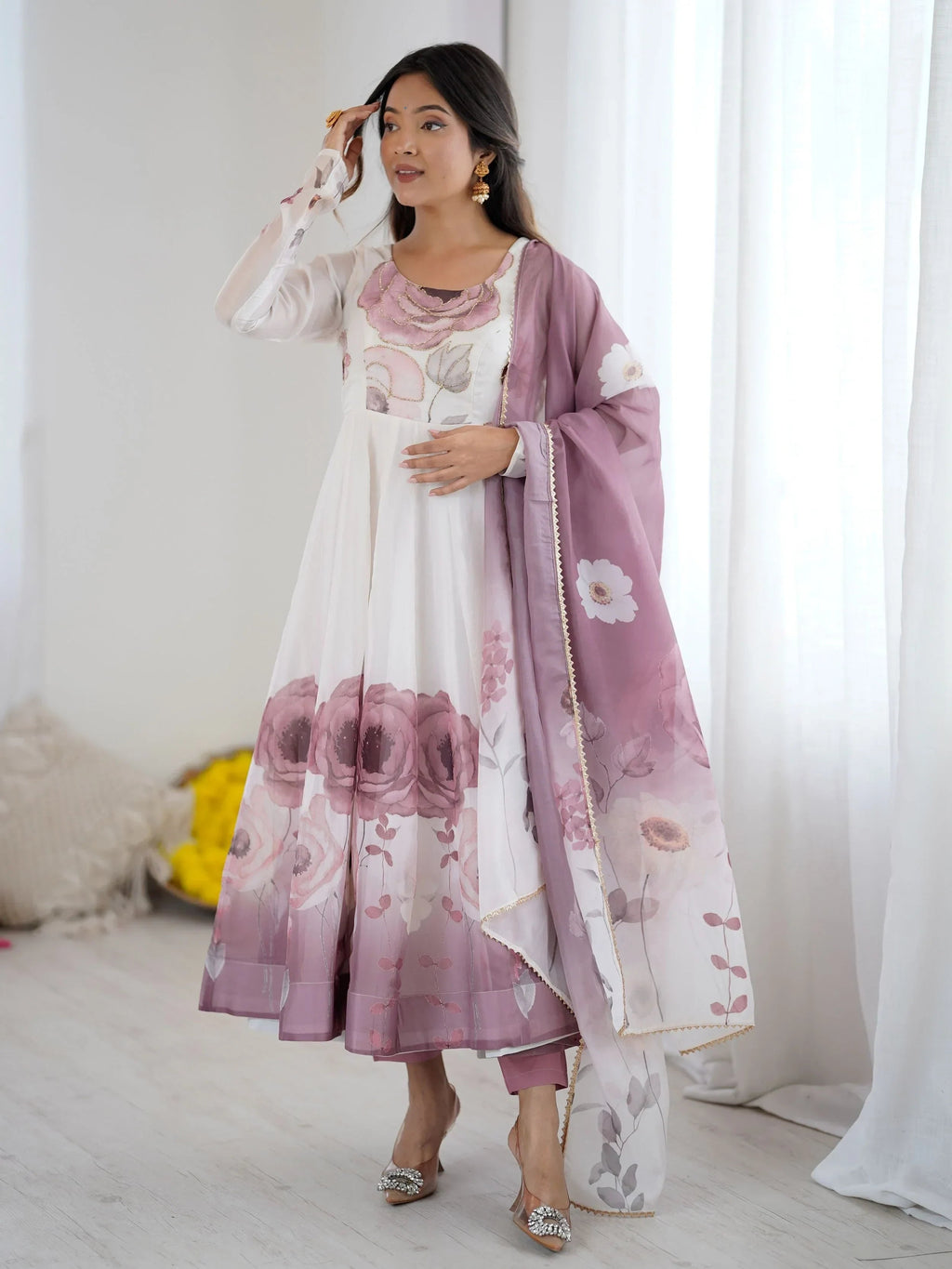 Pink Alluring Organza Floral Printed Festival Wear Anarkali Suit