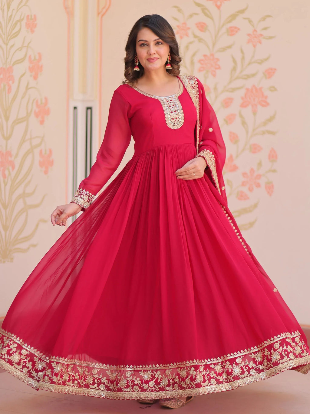 Pink Awesome Georgette Zari Embroidered Gown With Dupatta