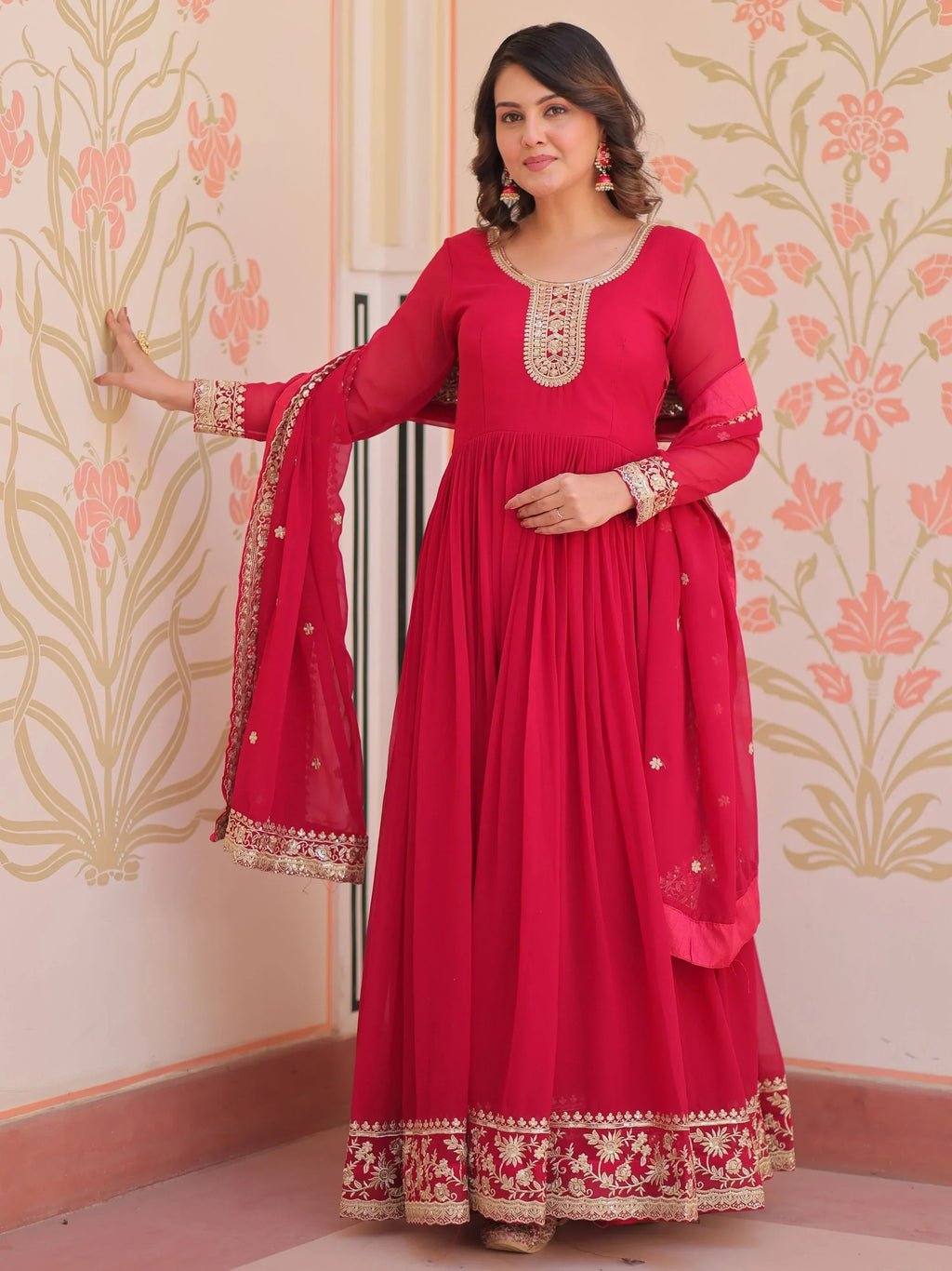 Pink Awesome Georgette Zari Embroidered Gown With Dupatta