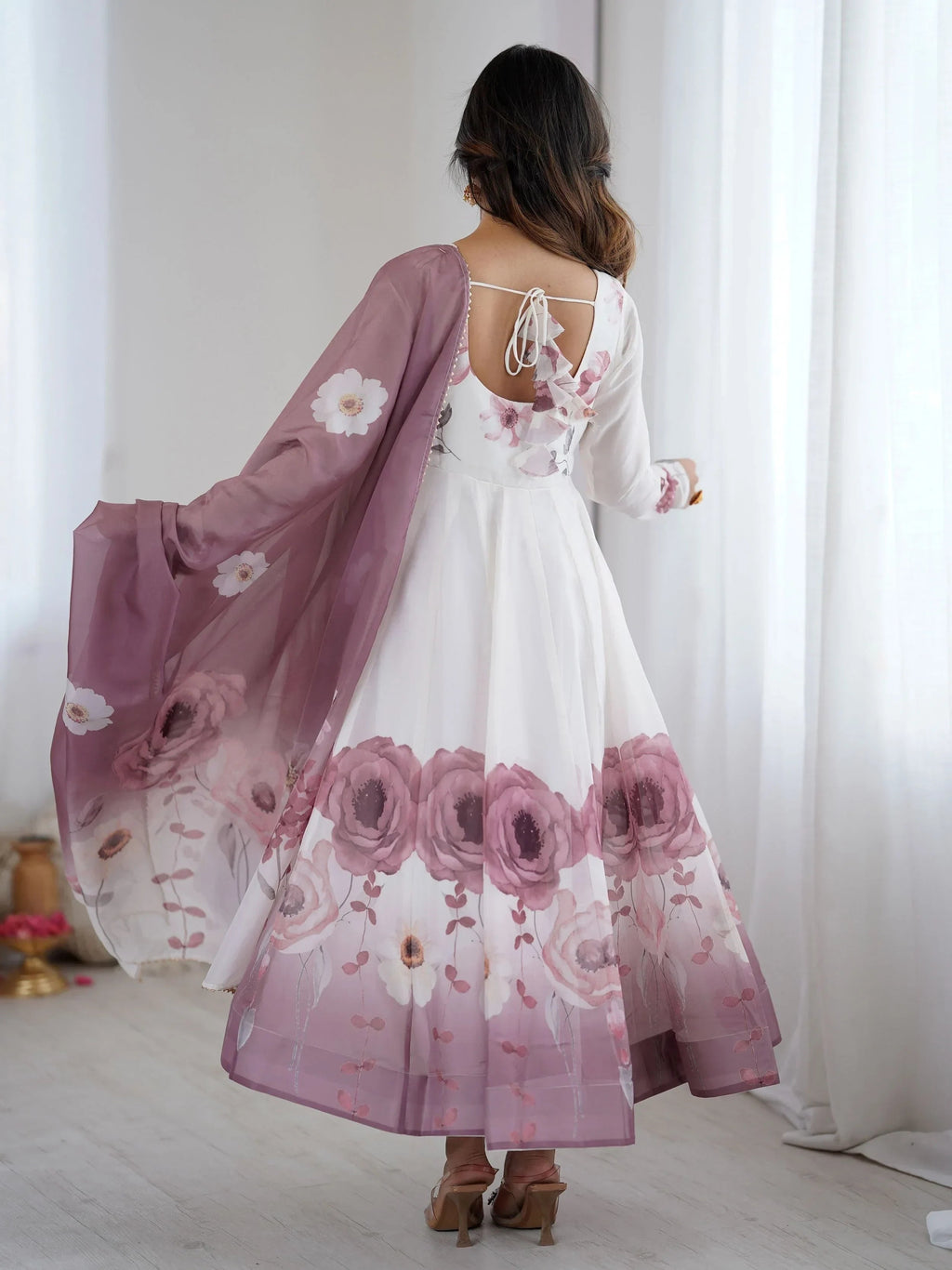 Pink Alluring Organza Floral Printed Festival Wear Anarkali Suit
