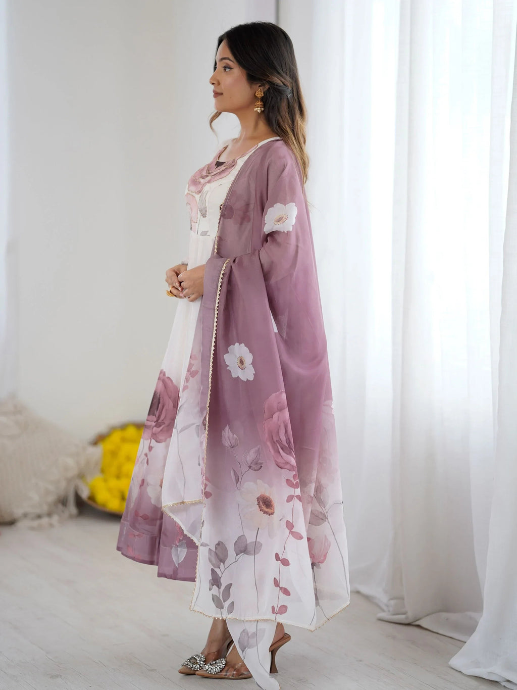 Pink Alluring Organza Floral Printed Festival Wear Anarkali Suit