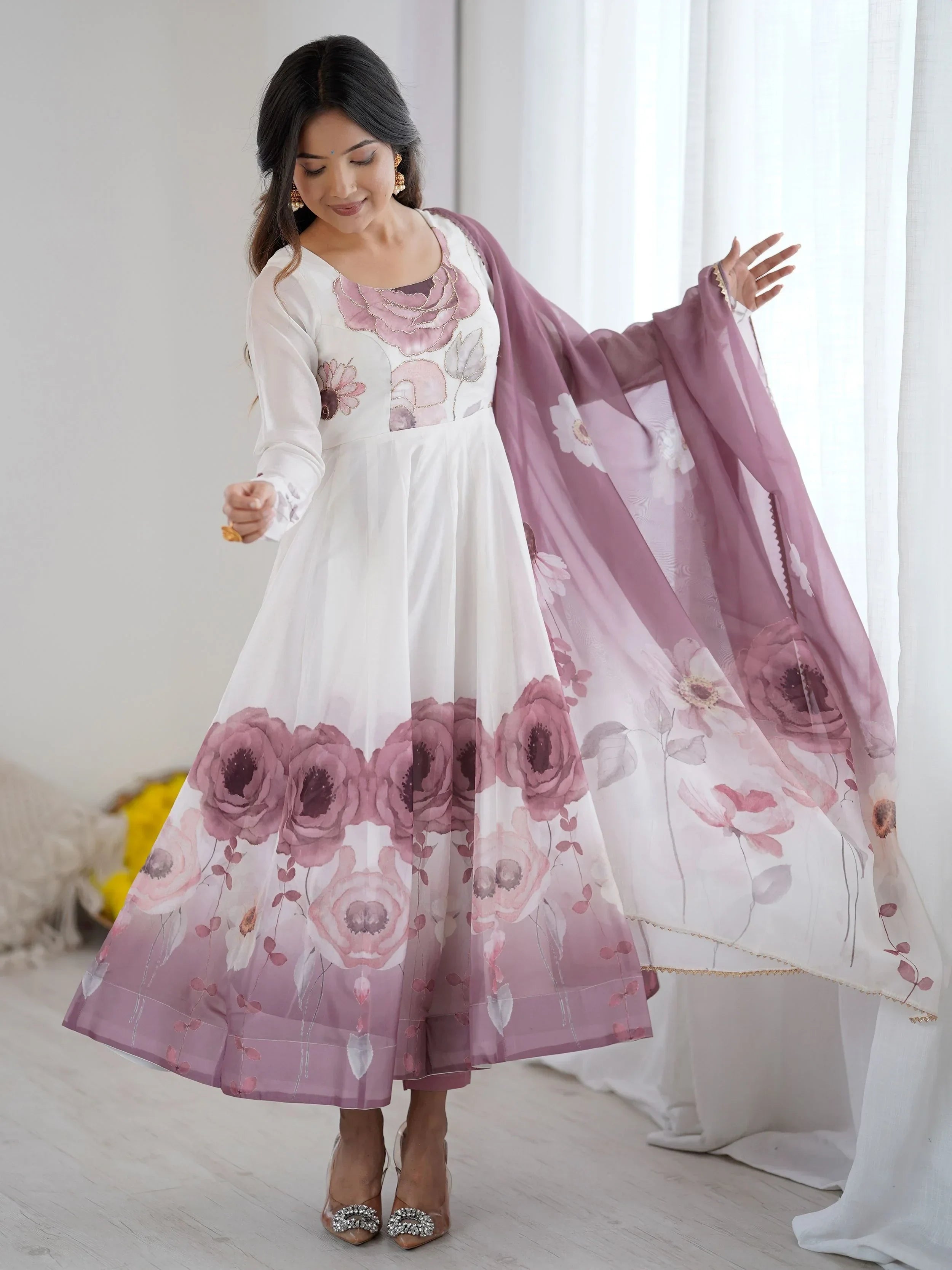 Pink Alluring Organza Floral Printed Festival Wear Anarkali Suit