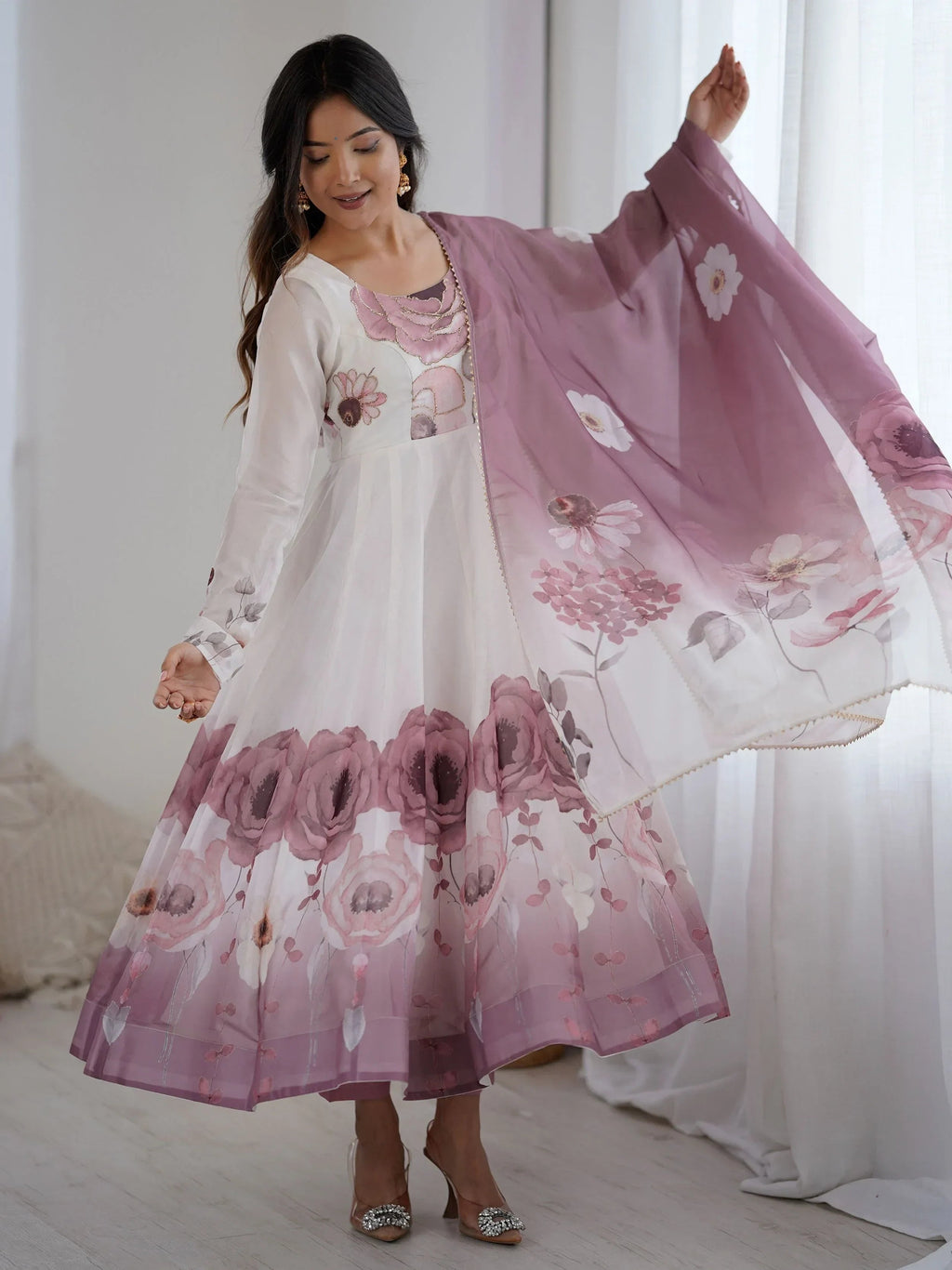 Pink Alluring Organza Floral Printed Festival Wear Anarkali Suit