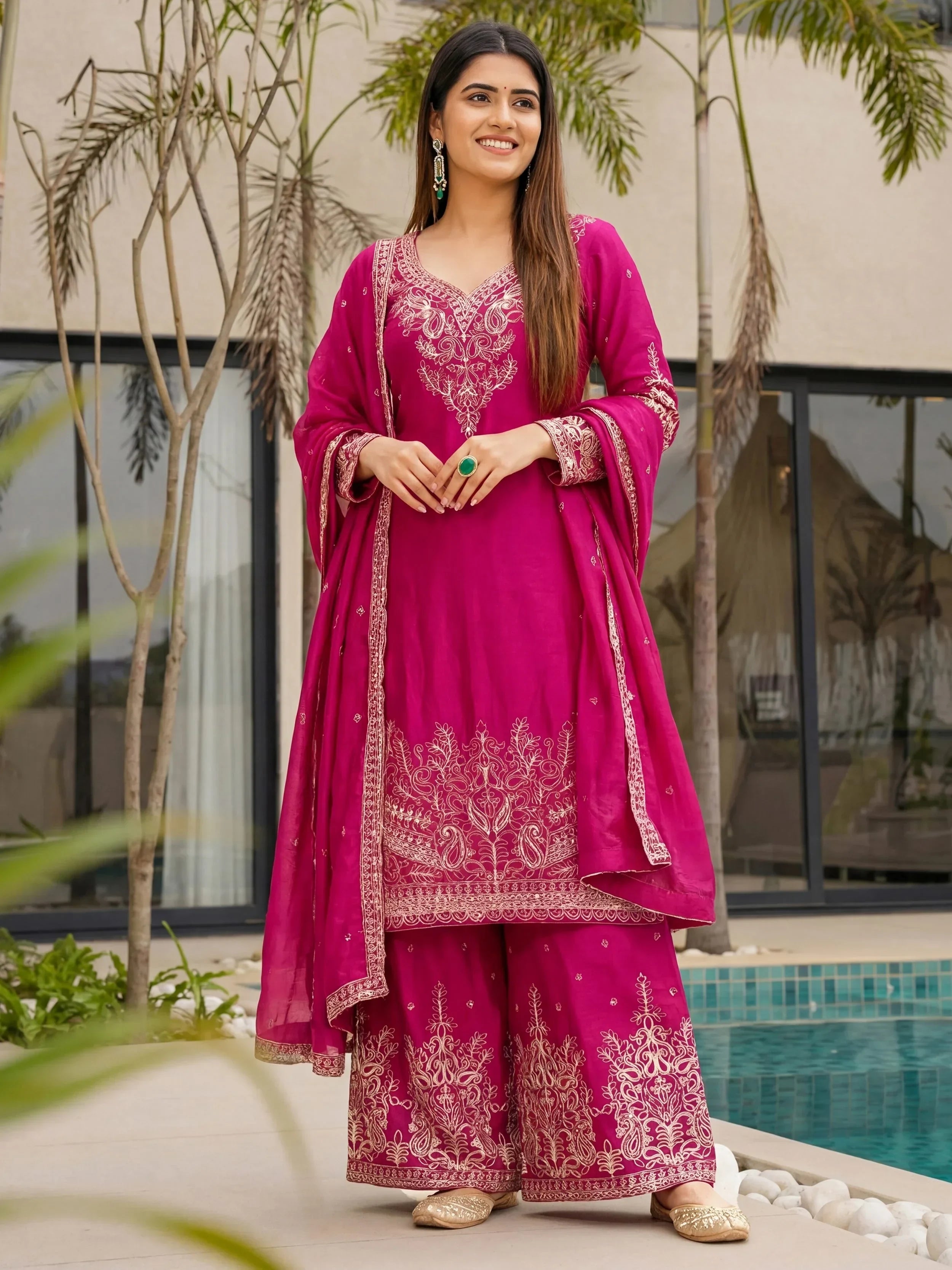 Pink Incredible Embroidered Chinon Festival Wear Palazzo Suit