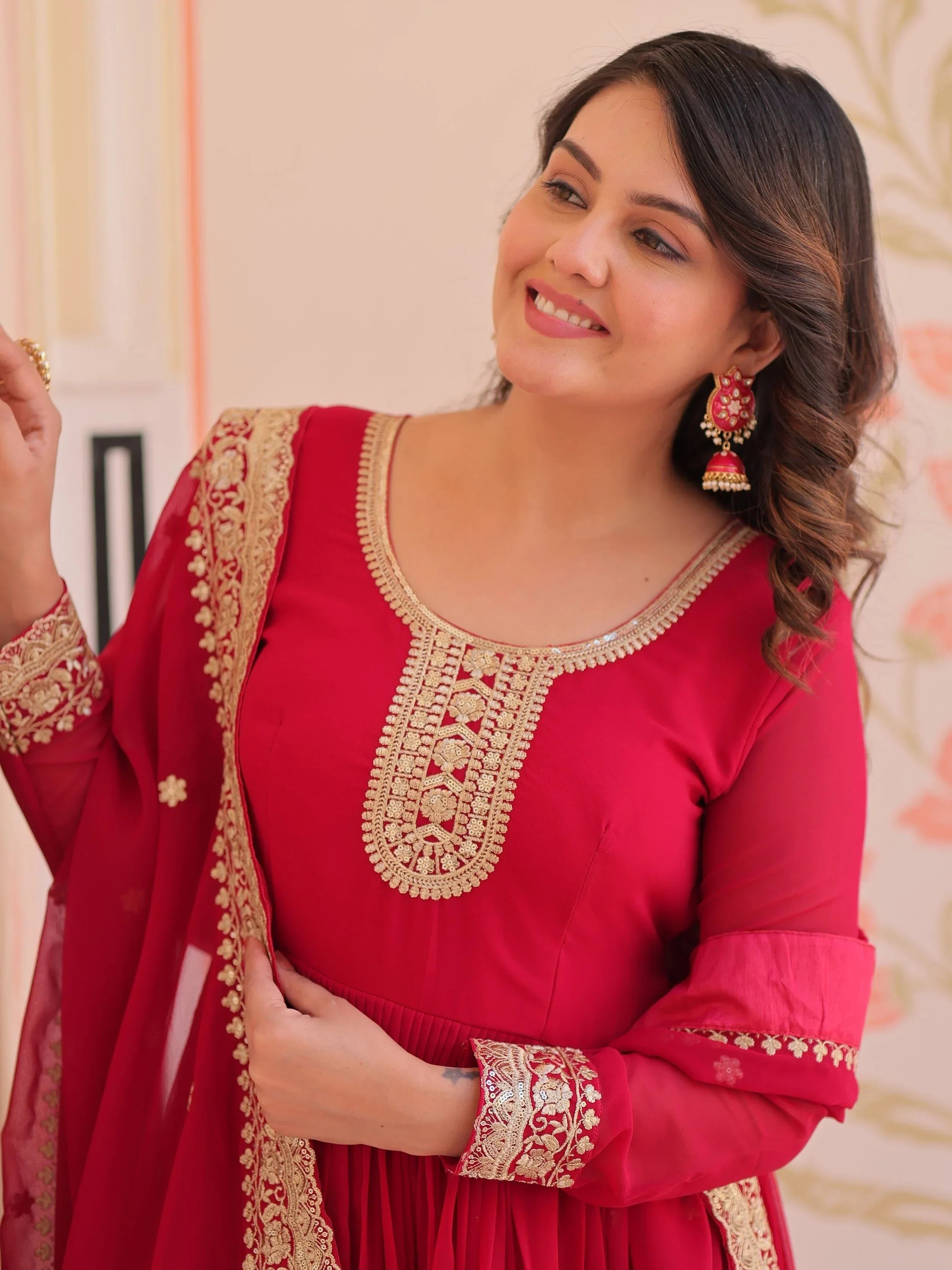 Pink Awesome Georgette Zari Embroidered Gown With Dupatta