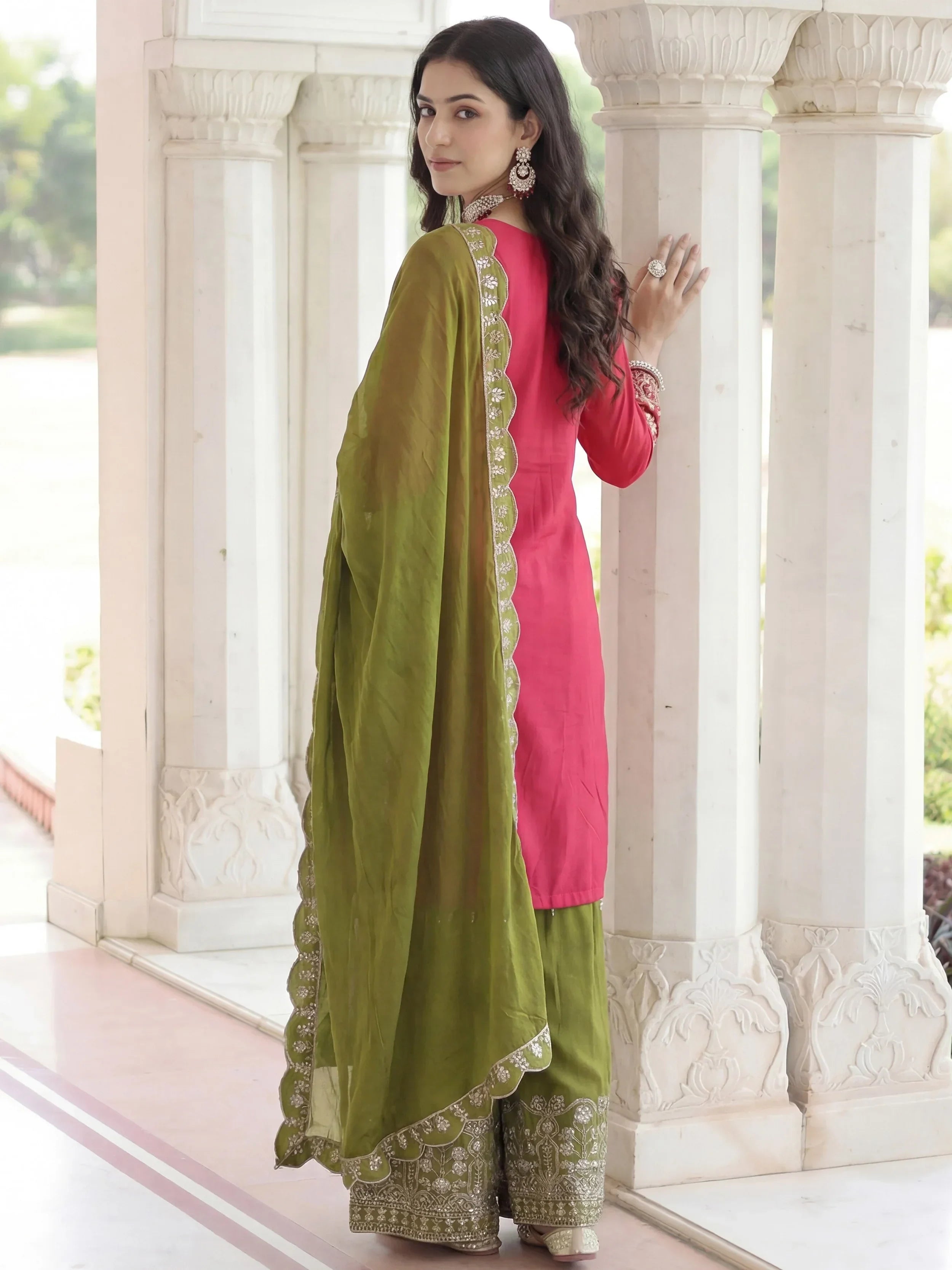 Pink Fabulous Embroidered Chinon Festival Wear Palazzo Suit