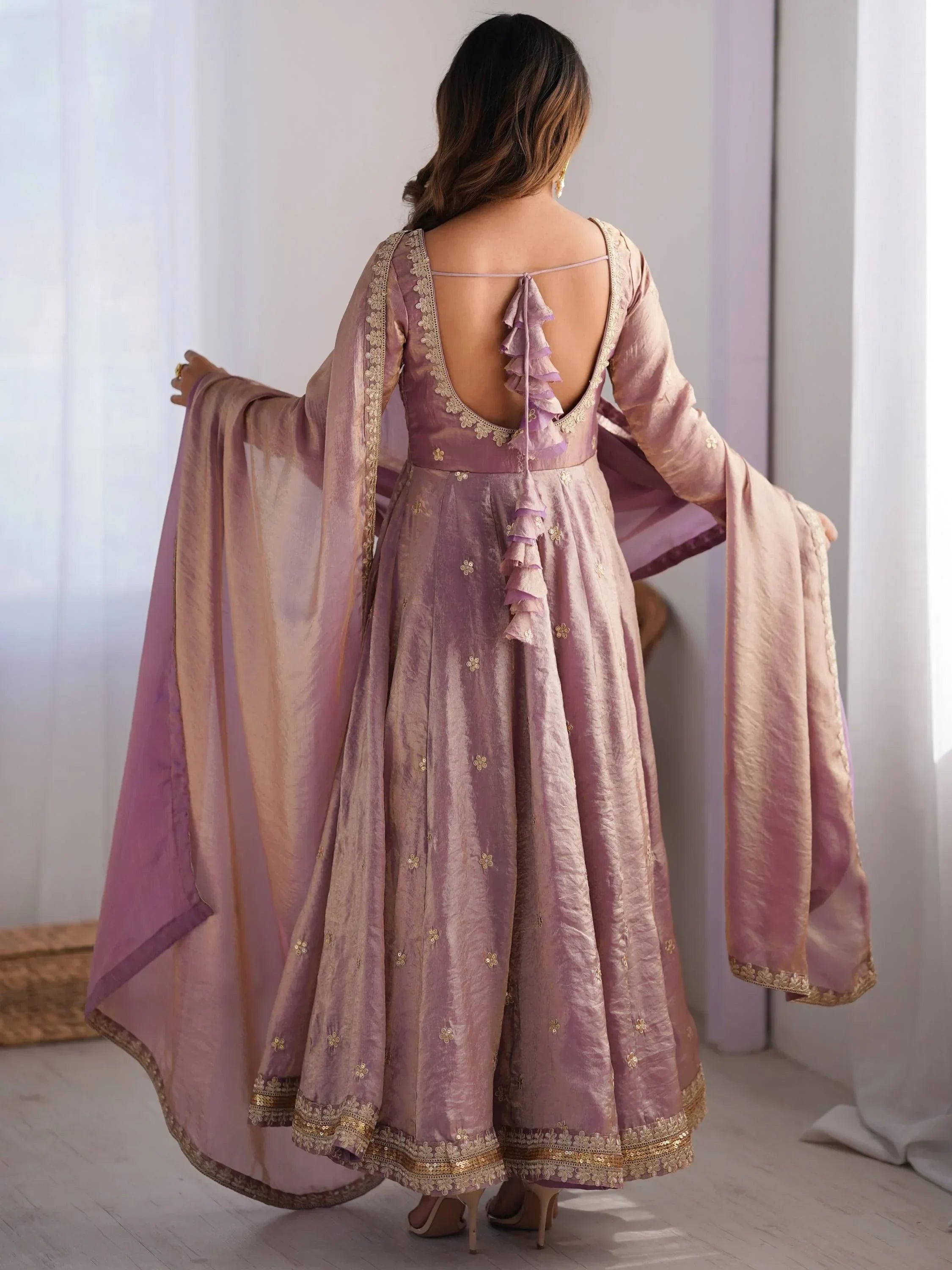 Pink Dazzling Coding Work Silk Festive Wear Gown With Dupatta