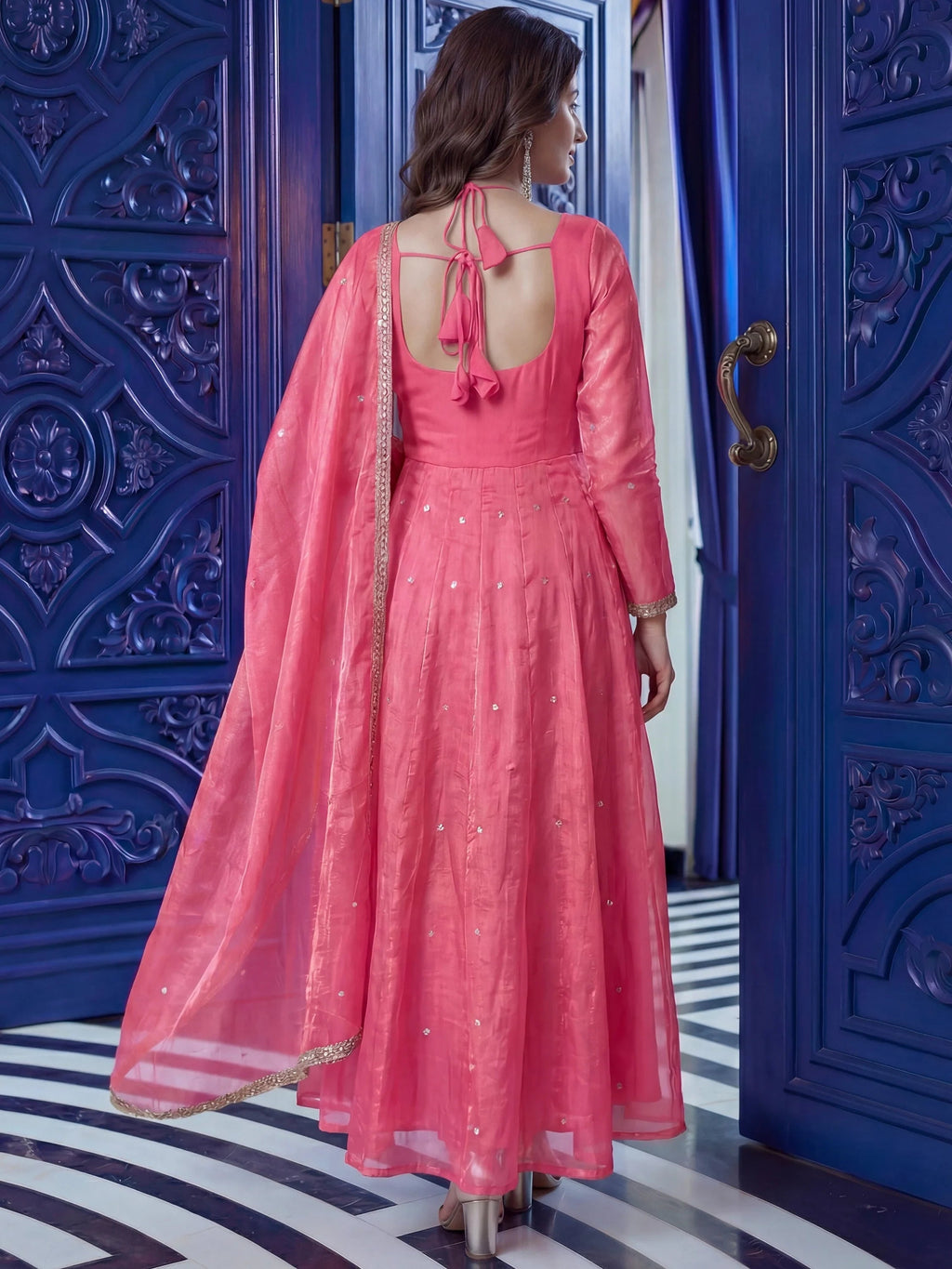 Pink Beautiful Sequins Silk Haldi Wear Anarkali Gown
