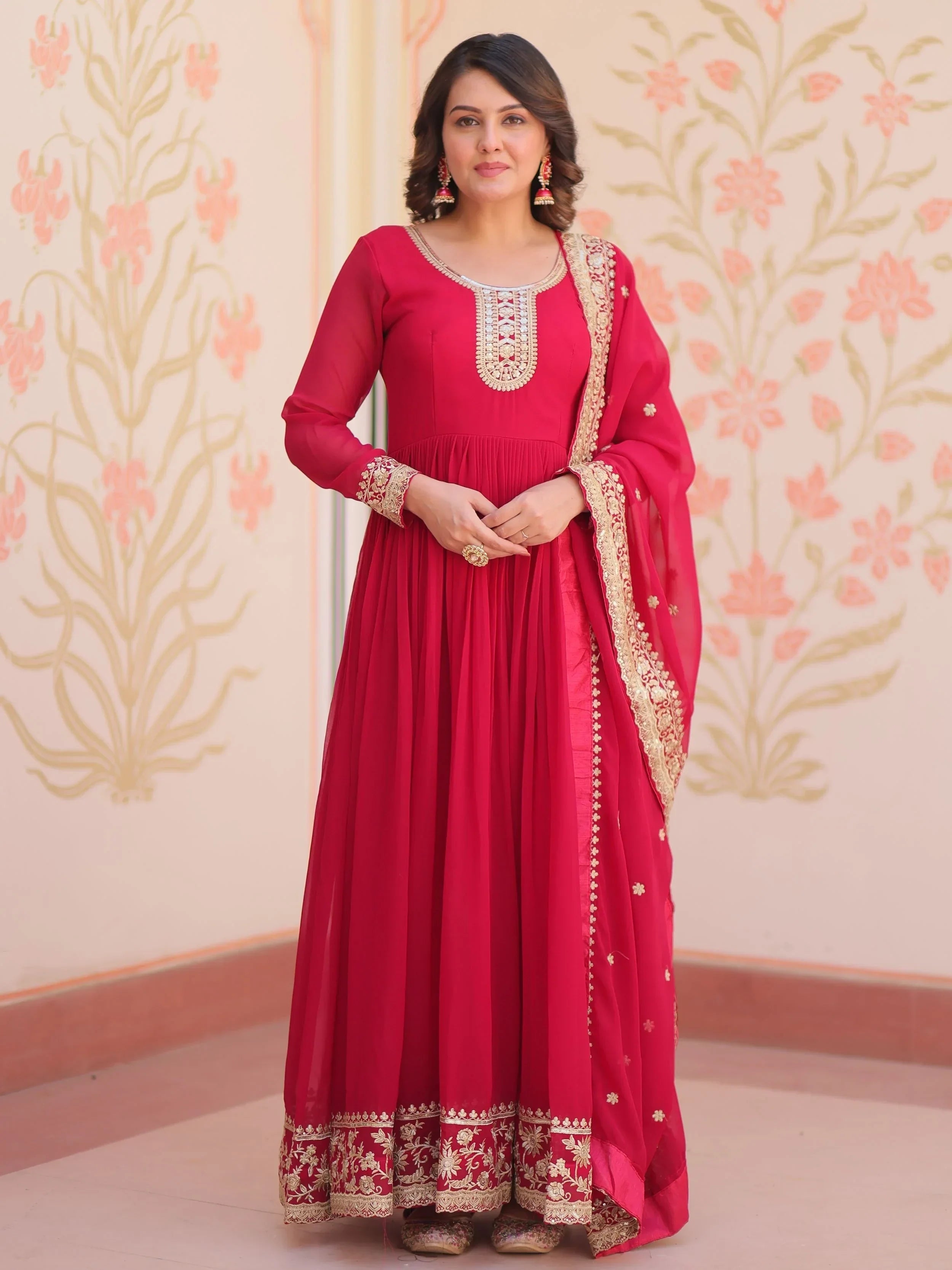 Pink Awesome Georgette Zari Embroidered Gown With Dupatta
